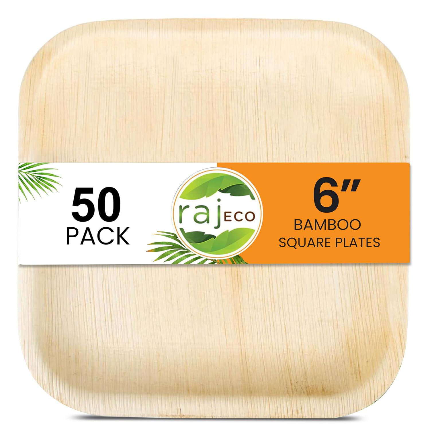 Raj Eco Compostable Palm Leaf Plates Like Bamboo Plates Disposable - 6 Inch Square 50 Party Plate, Natural Wooden, Eco-Friendly, Fancy Biodegradable & Disposable Dessert Appetizer Plate