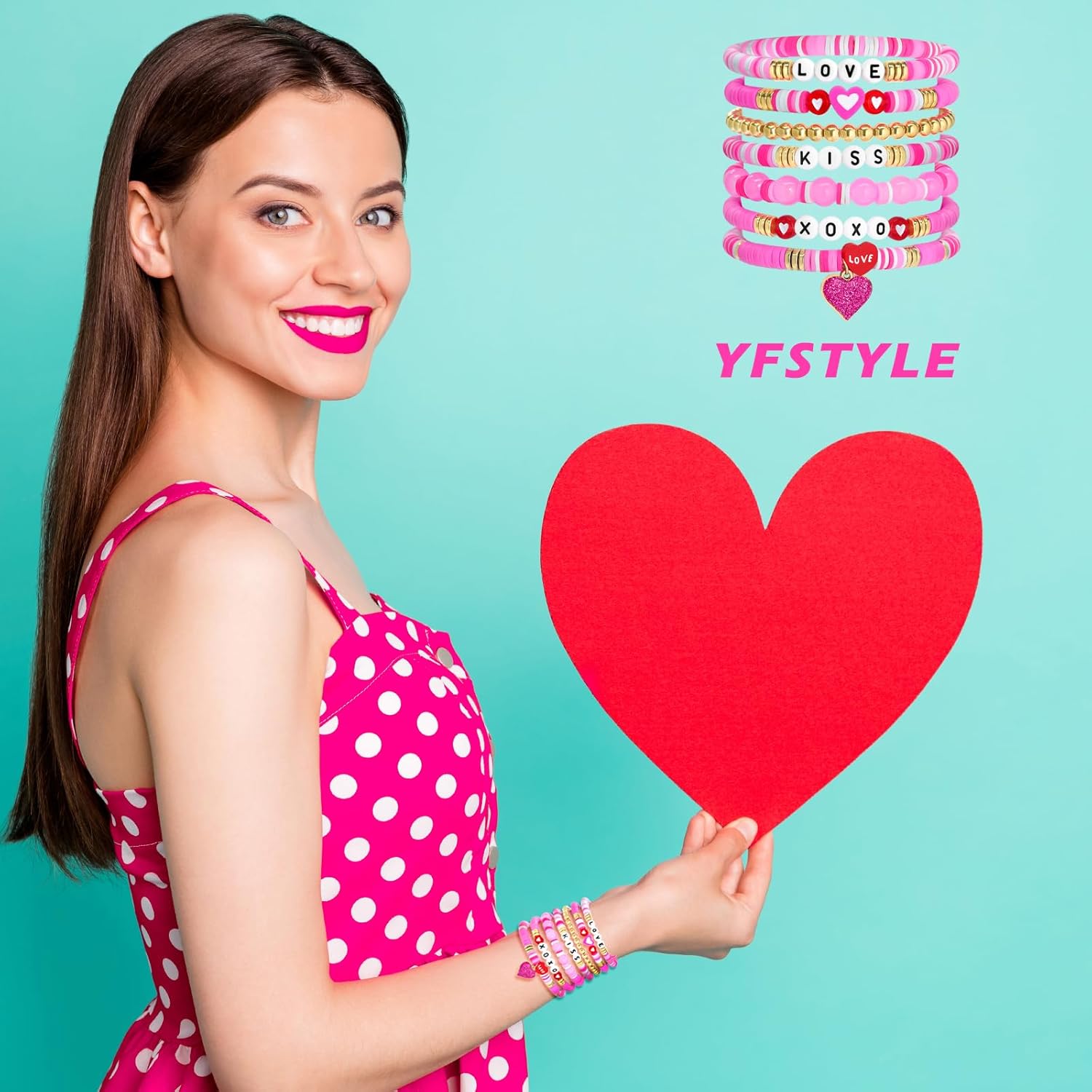 yfstyle Valentines Bracelets Gifts for Women Red Heart Love Bracelet Stretch Clay Beads Surfer Heishi Bracelets Set Valentines Accessories Gifts - Image 5