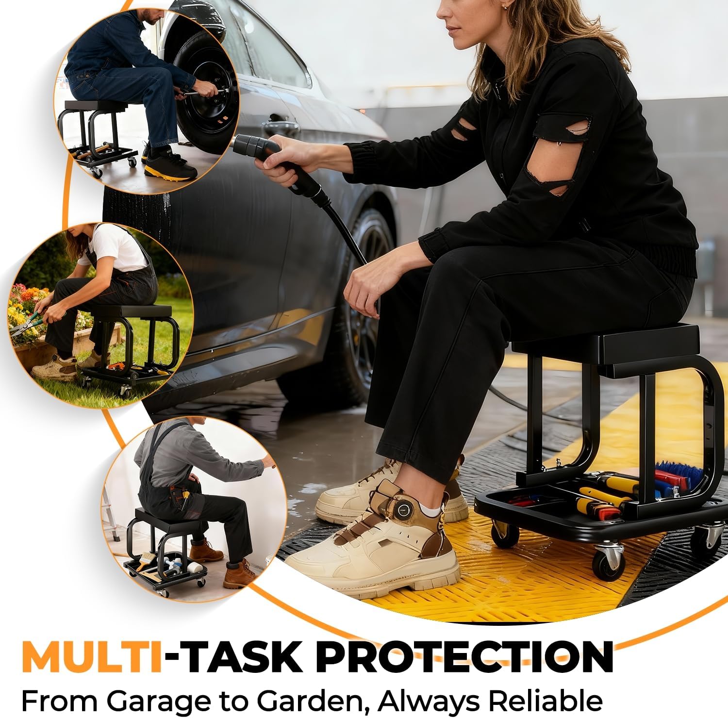 Auto Dynasty Rolling Mechanic Stool, 250 LBS Capacity Rolling Creeper Garage/Shop Seat, Padded Shop Stool with Tool Tray Storage for Garage, Workshop, Auto Repair (Black)