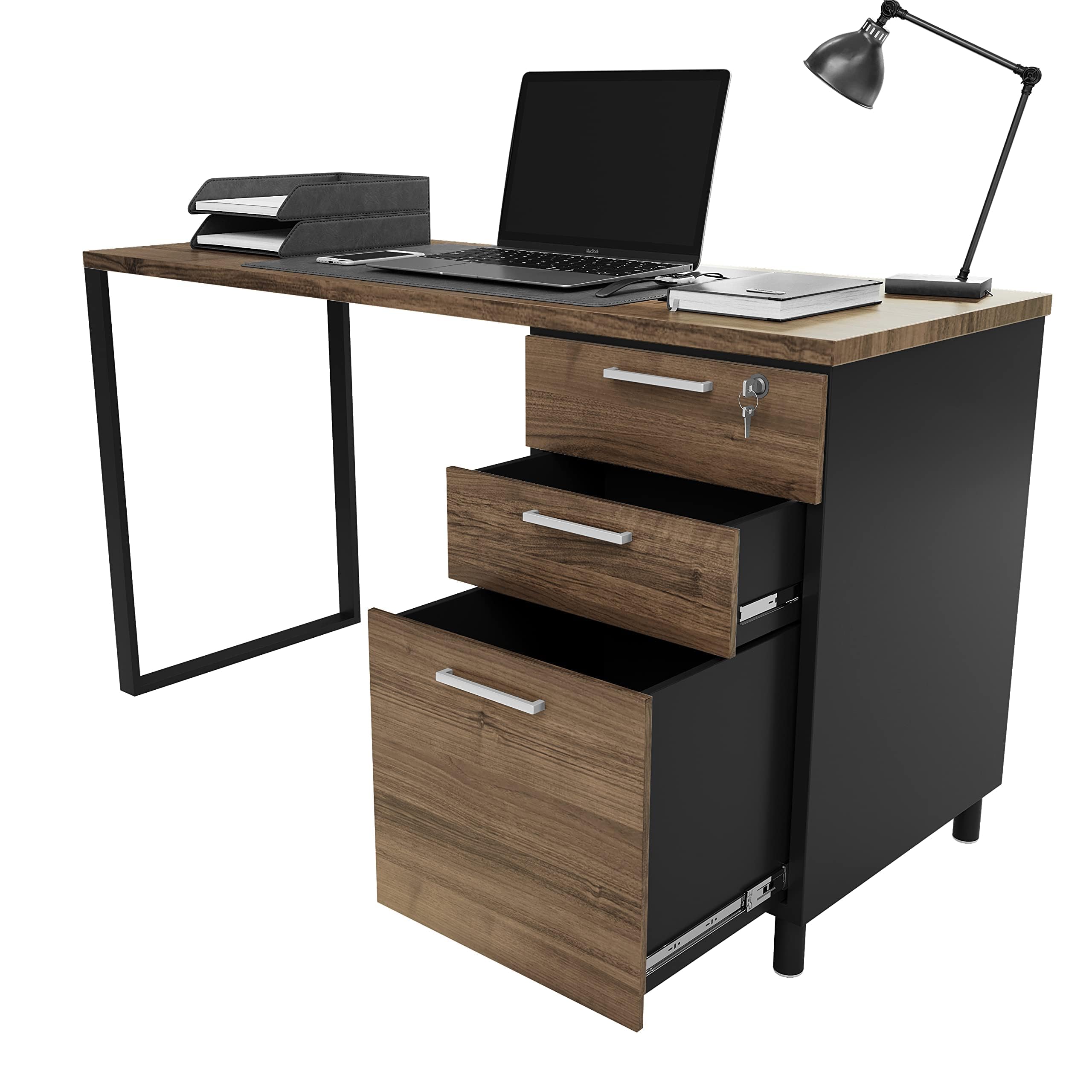Modern Design Milano Office Computer Desk with 3 Locking Drawers, 48 Inch Walnut and Black Industrial Wood Desk with Filing Drawer and Storage by