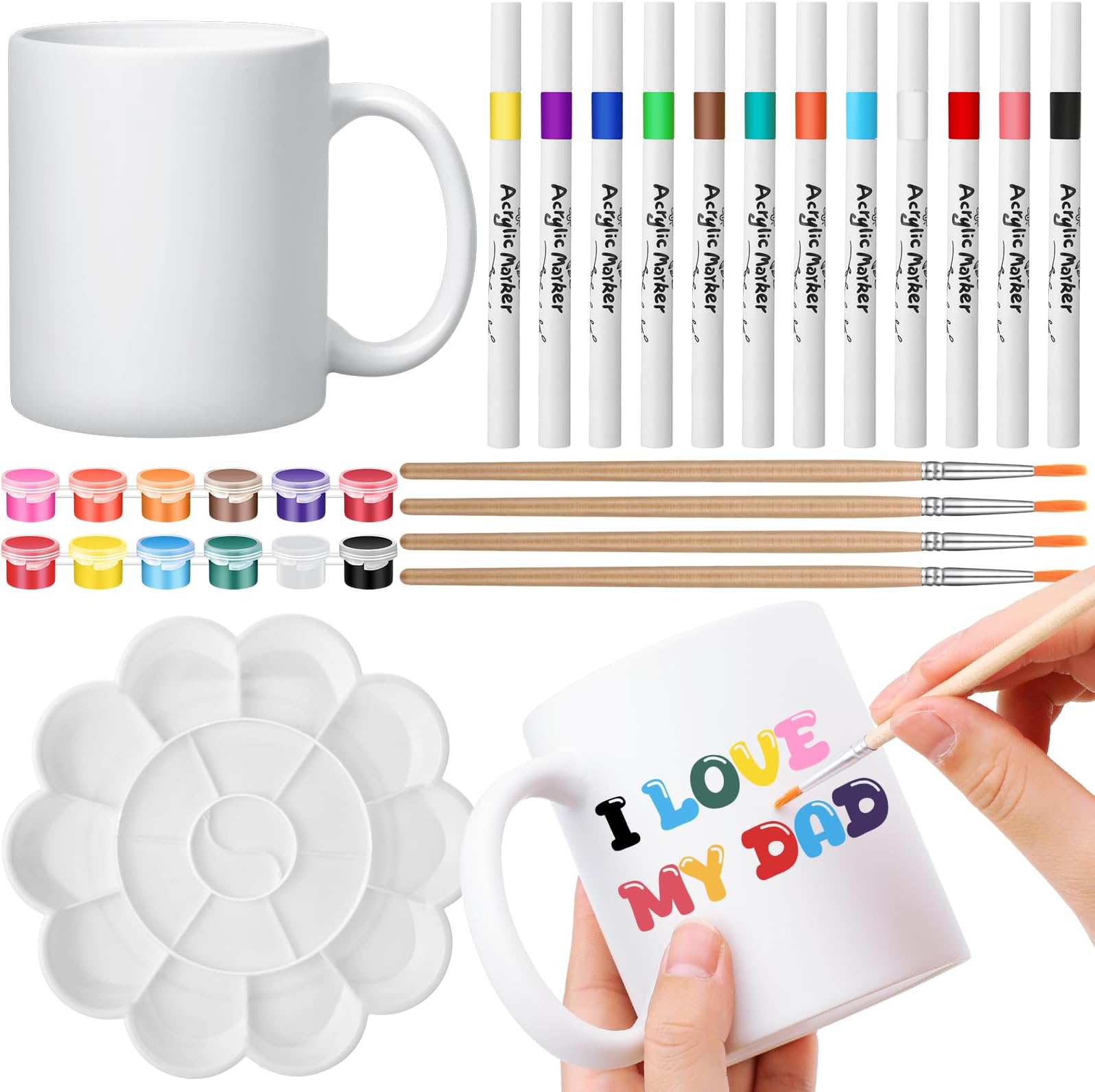 Ninehaoou Paint Your Own Mug Kit DIY Personalized Painting Mug Kit Includes Blank Ceramic White Coffee Cups and Painting Supplies, for Craft Decoration Christmas Father's Mother's Gifts