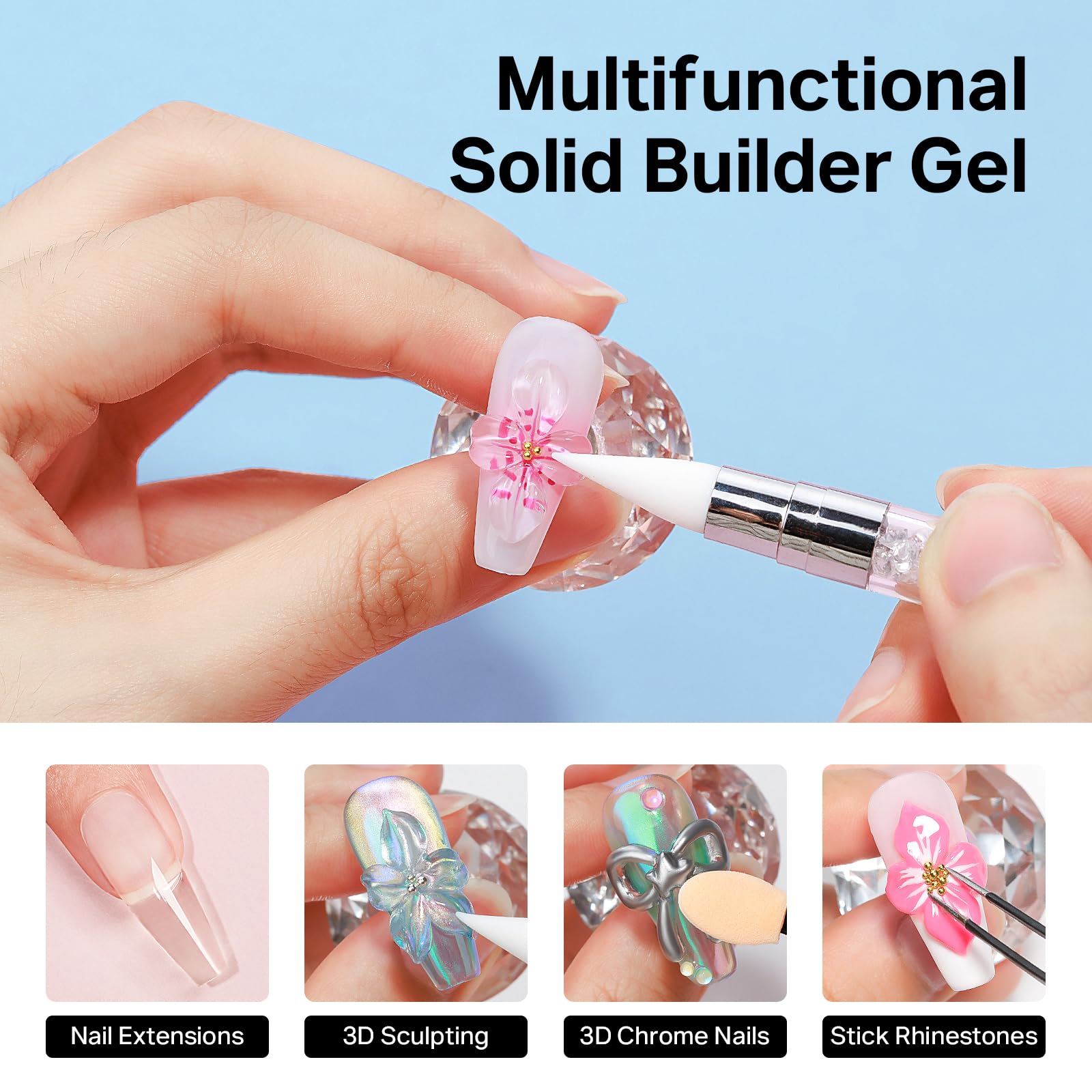 MIZHSE 3D Gel for Nails 3D Nail Gel, UV Solid Builder Gels, Non-stick Hand, Set including Gold & Silver Chrome Powder - Image 2
