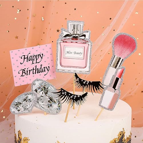 Miniatura 6 de Paquete de 22 adornos de maquillaje para tartas, botella de perfume de lápiz labial, cepillo de diamante, decoración de cumpleaños para niñas y
