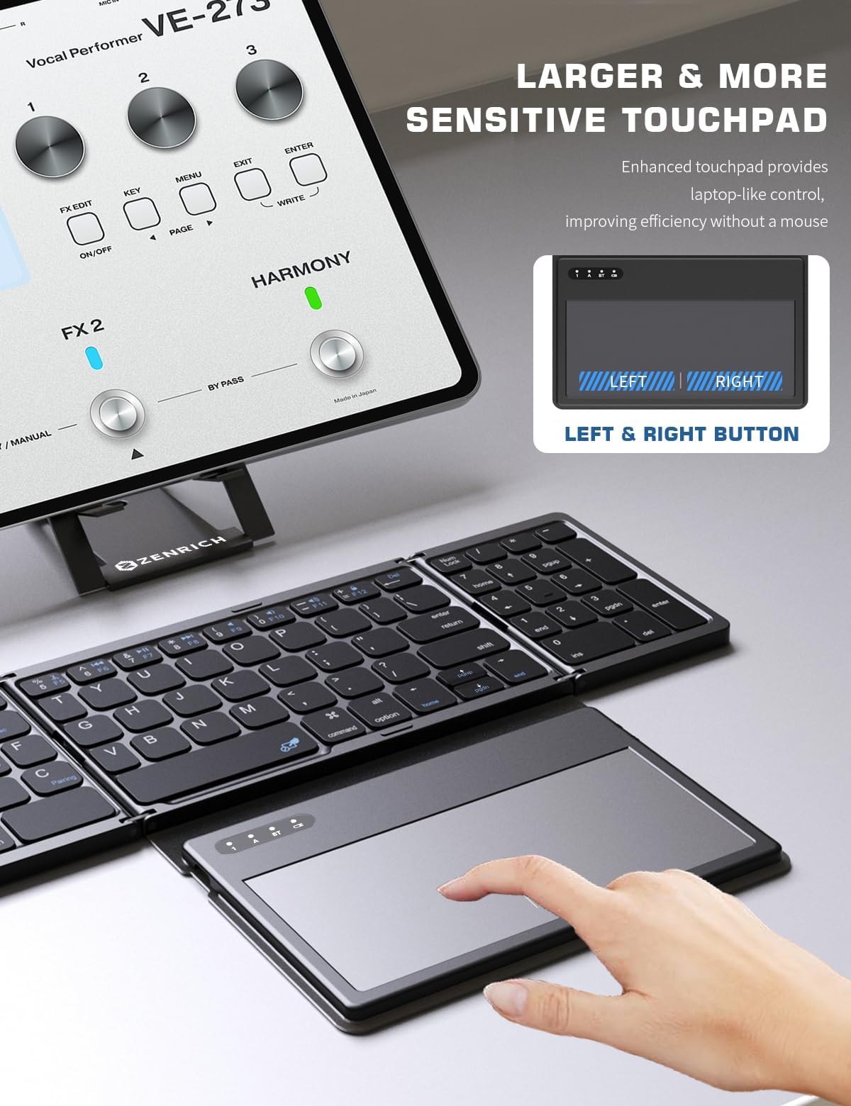 zenrich Tastiera Bluetooth pieghevole con touchpad/tastierino numerico/supporto, tastiera wireless pieghevole portatile da viaggio per Android iOS Windows Tablet Smartphone (sincronizzazione fino a 3