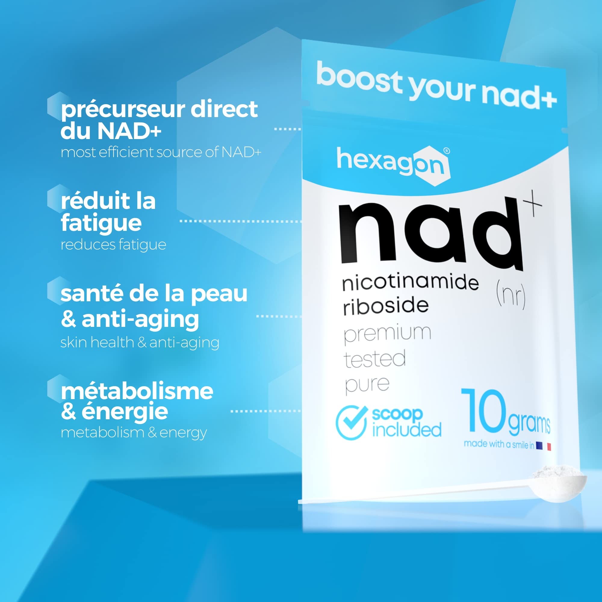 NAD+ Nicotinamide Riboside Chloride - +31 Jours de Cure - Poudre Pure, 10 Grammes - Contre l'âge et la fatigue - NAD Booster - Fabriqué et Testé en France - Vegan - Hexagon