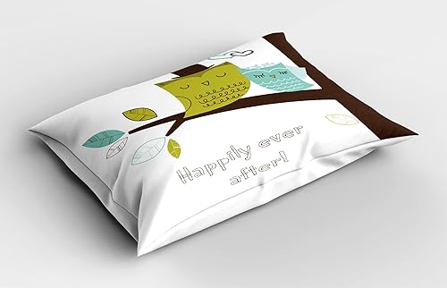 Miniatura 2 de Búhos funda de almohada por Ambesonne, dos de búhos en rama de árbol Happily Ever After mensaje romántico arte, decorativo tamaño estándar impreso