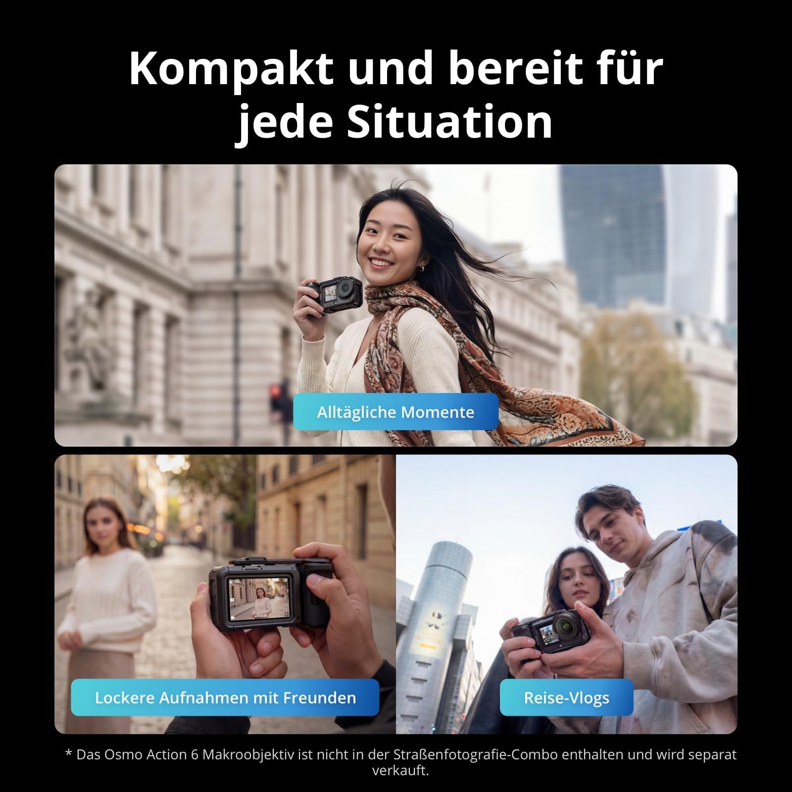 DJI Osmo Action 6 Straßenfotografie-Combo, Unterwasser-Action-Cam mit Handgriff und Zubehörschuh-Auslöseknopf, Action-Cam 4K mit 1/1,1″-Quadratsensor, Variable Blende von f/2,0-f/4,0, 4 Std. Akku