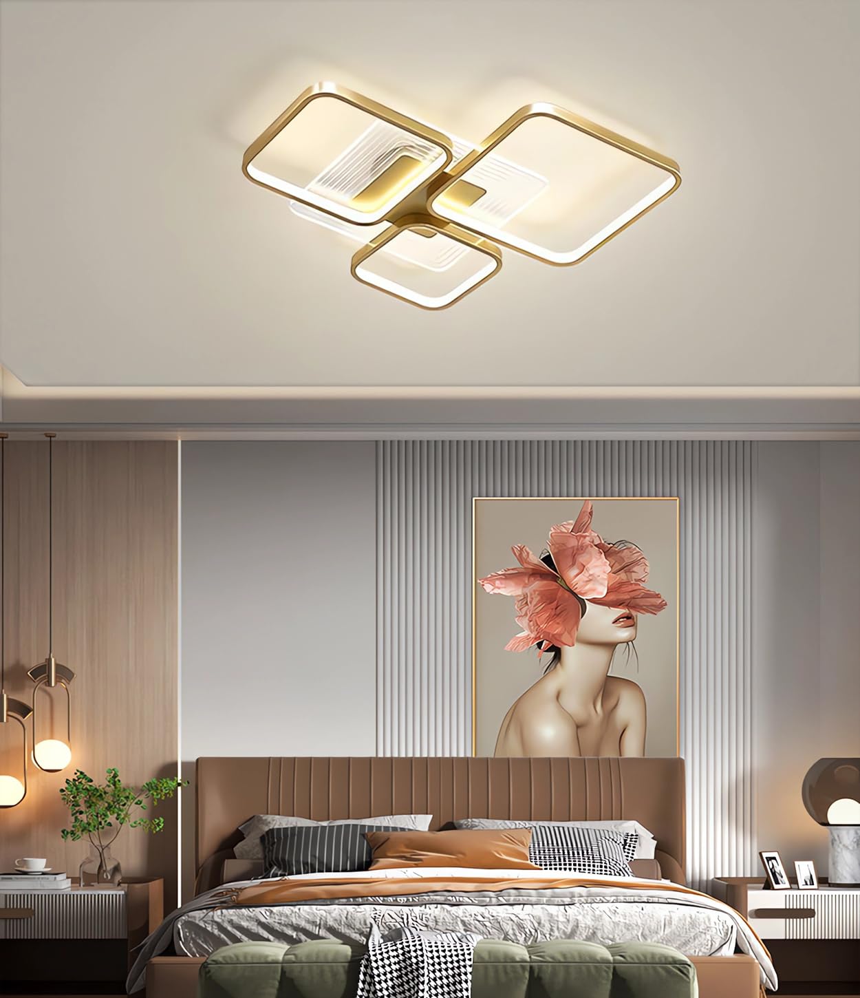 MOMOYY LED Ceiling Light with Remote Control、Pendant Light、Modern Living Room Dimmable Ceiling Lamp、58w 4600lm Square Ceiling Lighting Fixture for Living Room, Bedroom (Gold, 3 Heads)