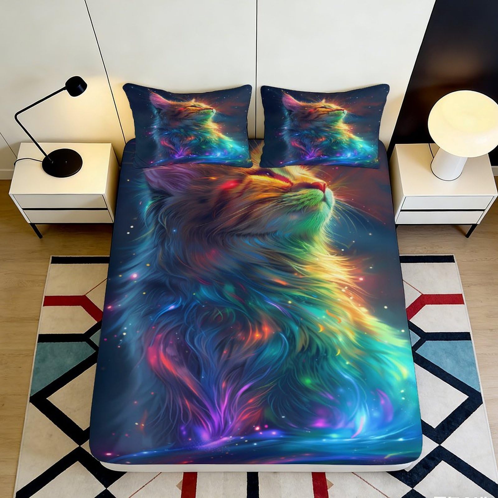 Pnayamiorkfel Style-1 3D Printed Rainbow Cat Fitted Sheet Microfiber Soft Breathable Cosmic Fur Mattress Cover For Bedroom Dorm Decor 90X200x25cm