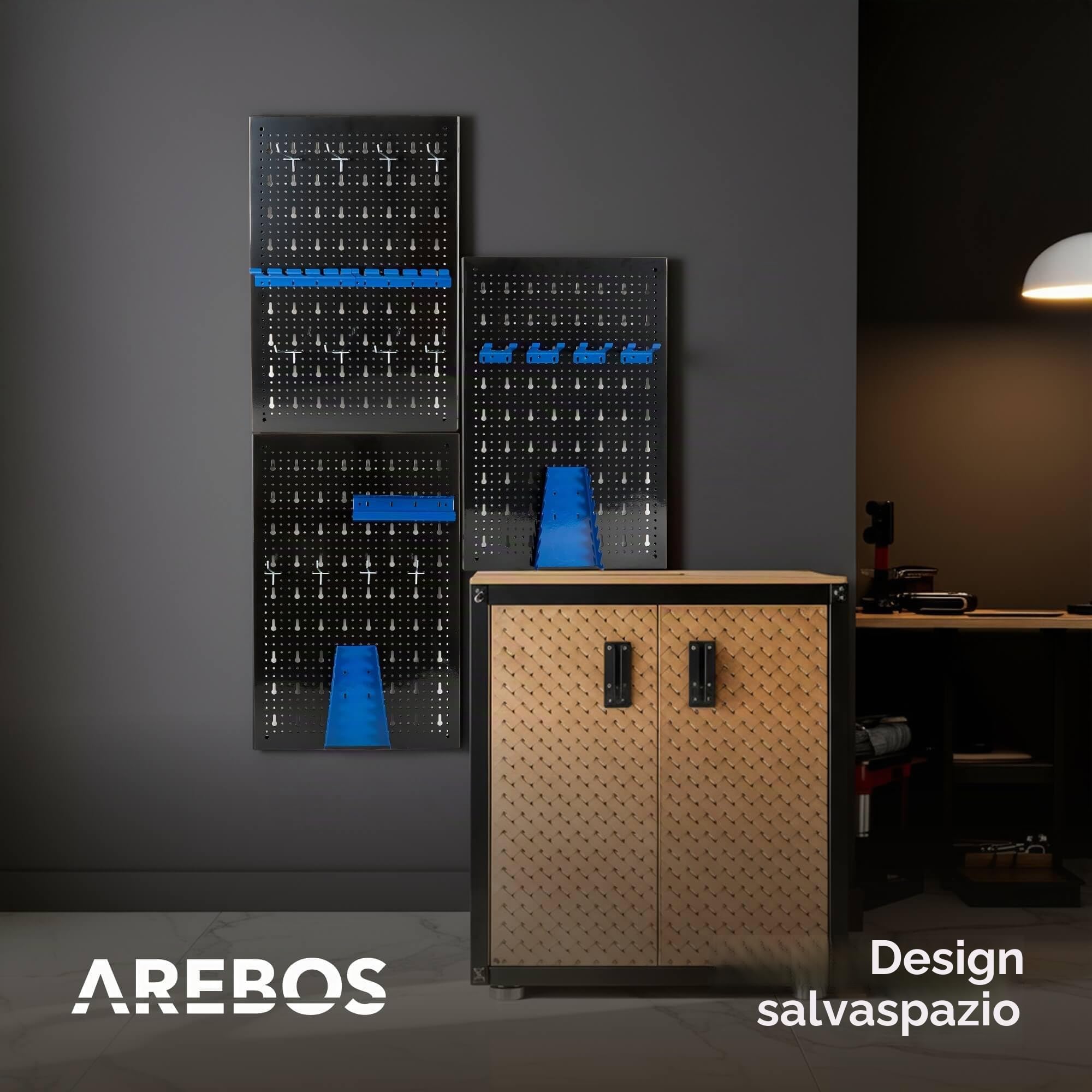 Arebos Parete degli attrezzi, 3 pezzi, parete forata per officina, set di ganci e supporti da 17 pezzi, 117,6 x 59,5 x 2 cm, parete forata per utensili in metallo per installazione con materiale di