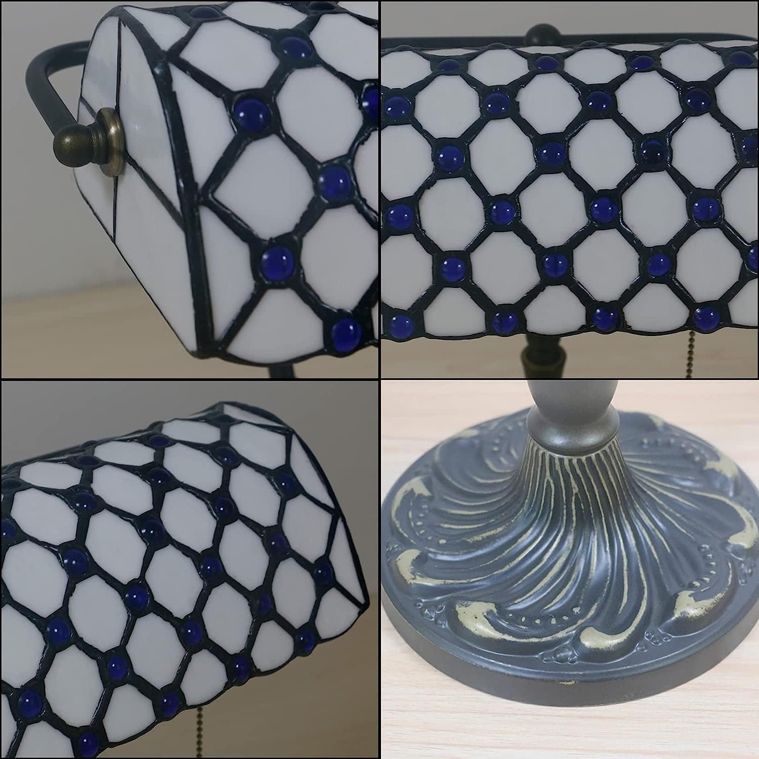 Bankiers Tischlampe, farbige Glaslampe, Kristallperlenschreibtischlampe, Schlafzimmer in der Nacht Leselampe (weiße Blaue Glasperlen Schatten) Innovate