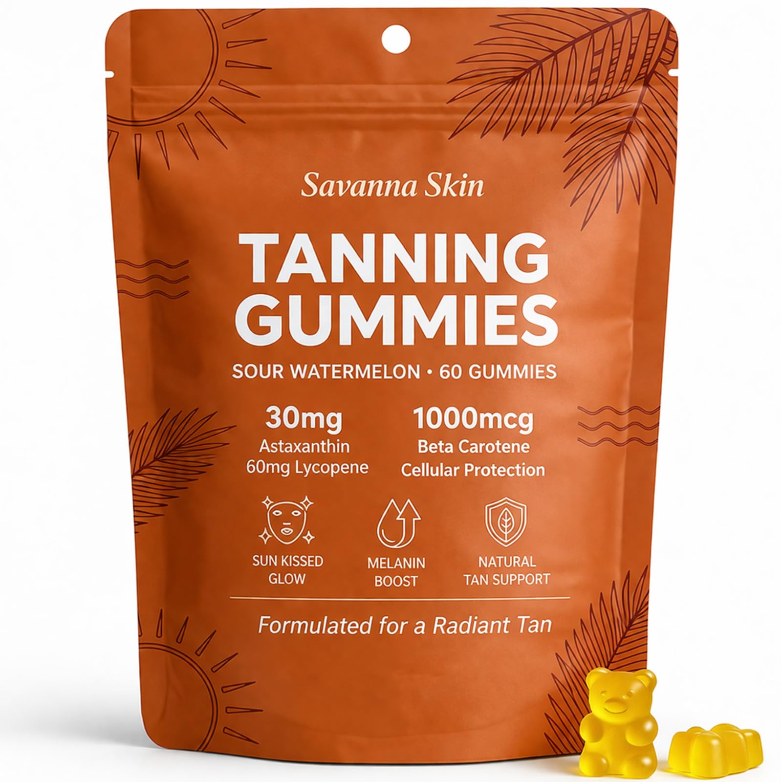 Lyva Savanna Skin Tanning Gummies - Natural Sunless Glow Supplement with Beta-Carotene & Vitamin C – 60 Vegan Gummies for a Golden, Radiant Complexion