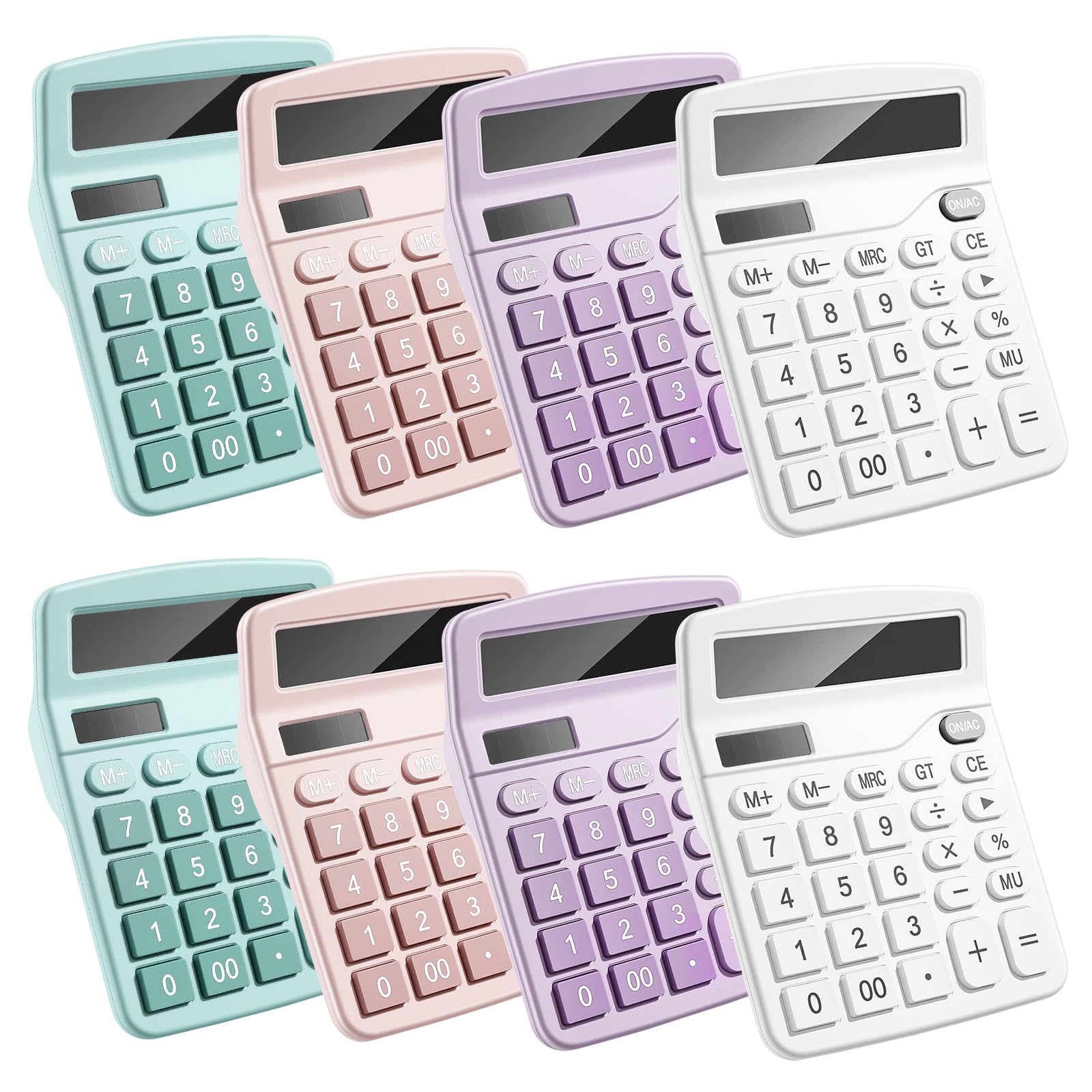 Paquete de 8 calculadoras a granel, calculadora de escritorio de 12 dígitos con pantalla LCD grande y botones sensibles, energía solar y batería dual, perfecta para oficina, escuela, hogar (4 colores)