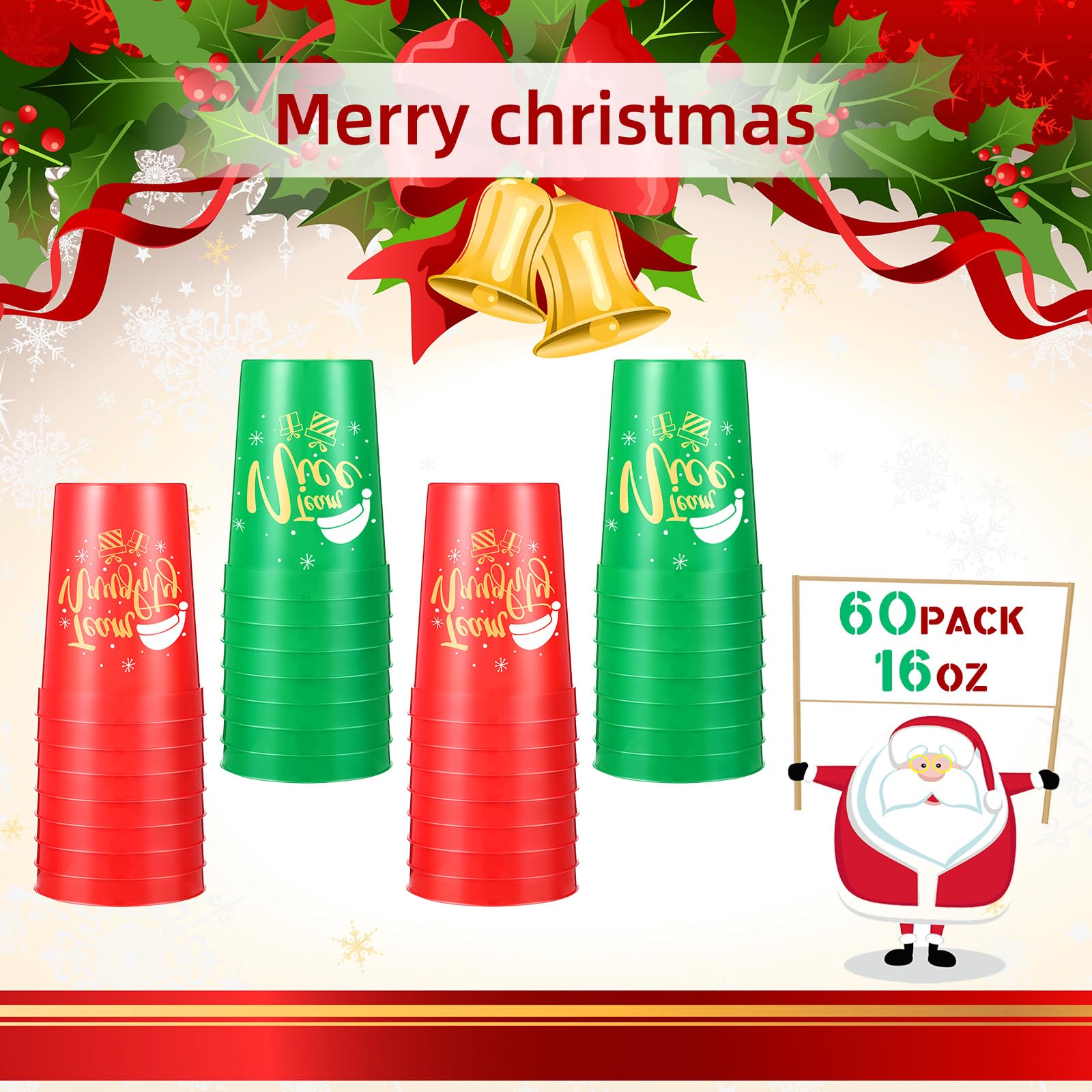 32 Stück Weihnachts-Partybecher, 473 ml, wiederverwendbar, Weihnachtsstadionbecher, spülmaschinenfest, Kunststoffbecher, ideal für Weihnachtsfeier, Zubehör (3 Stile)