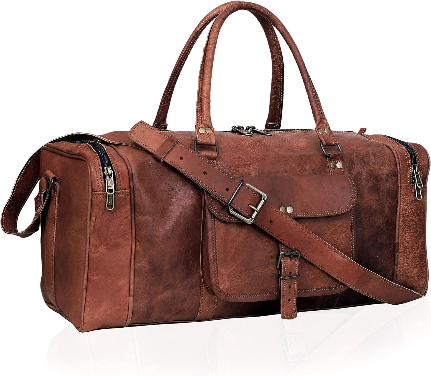 Real Pure Handmade Leather Luggage Bag 22 inches Vintage Look Unisex Duffle Crafted Travel for Gym Sports Cabin Bags Men Women Girls Boys (Vintage Jetsetter)-image-21