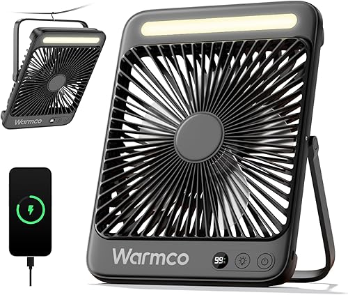 Warmco Ventilador alimentado por batería de 20000 mAh, ventilador de campamento portátil ultradelgado de 8 pulgadas con linterna LED, ventilador de