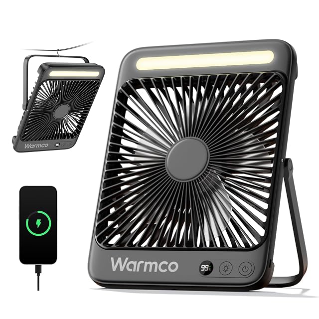 Warmco 20000mAh Battery Powered Fan Ultra-Slim 8-Inch Portable Camping Fan with LED Lantern Up to 48H Runtime Rechargeable