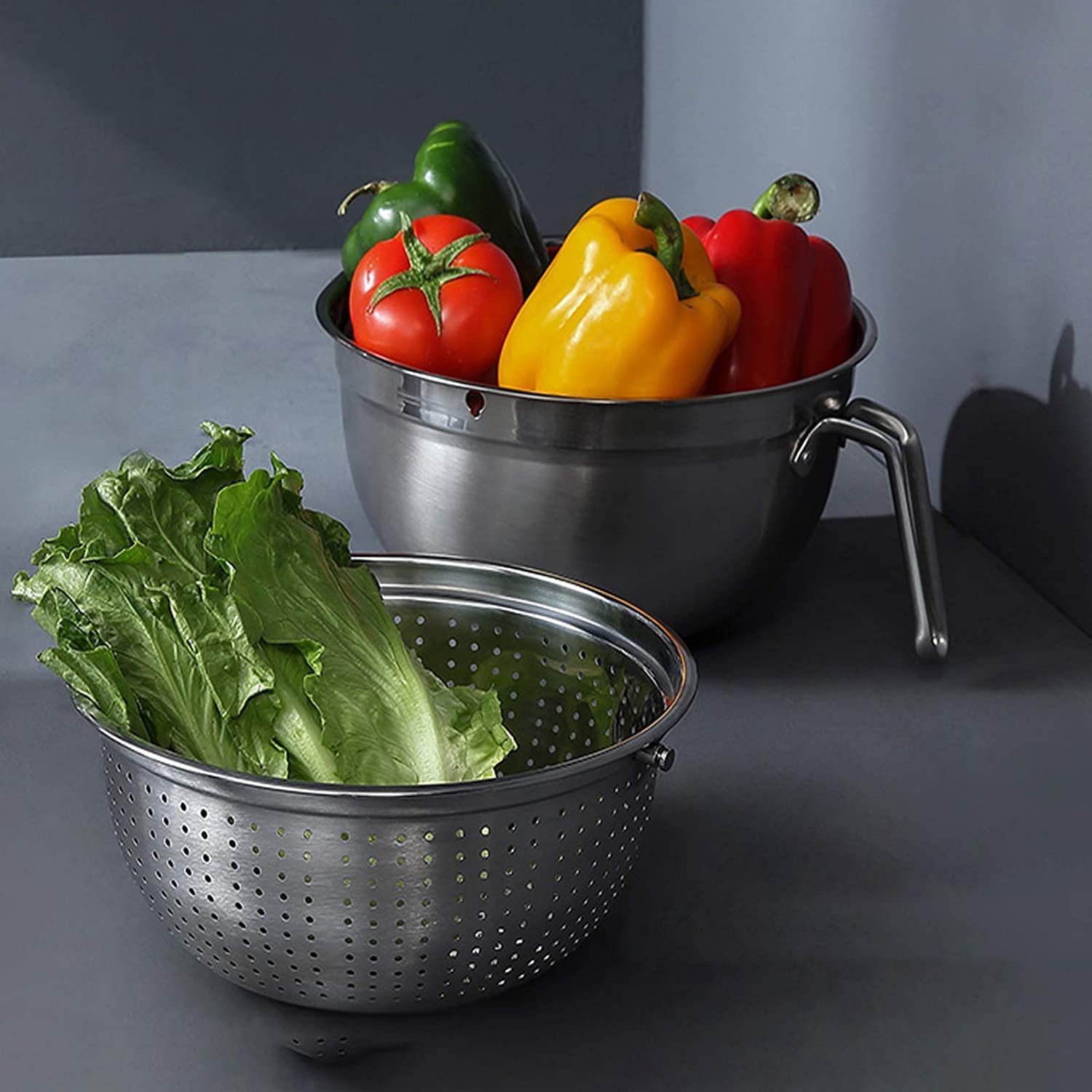 Set Ciotola E Scolapasta In Acciaio Inox 2 In 1 - Quadrato, 32.5 Cm, Per Lavare E Scolare Verdura, Pasta, Riso
