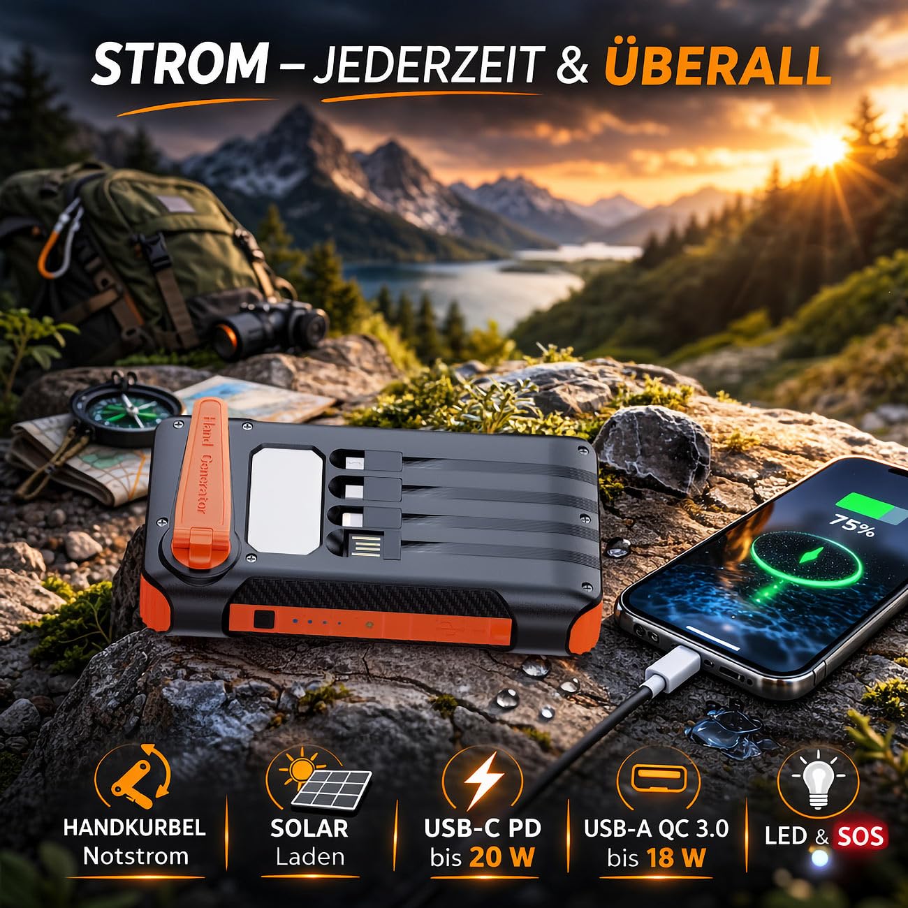 revolt Taschenlampen: 2er-Set Kurbel-Dynamo-Solar-Powerbanks, 10.000 mAh, USB-C PD bis 20 W (Powerbank mit Handkurbel, mit Lightning Anschluss, Outdoor)