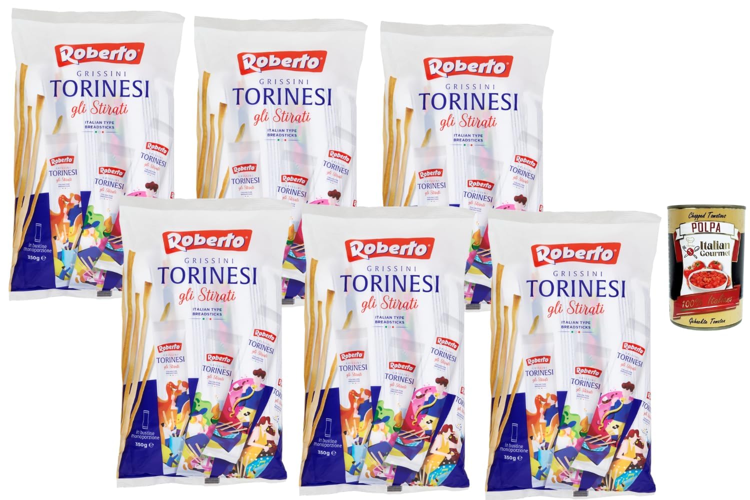 Italian Gourmet Roberto Grissini Torinesi gli Stirati 6 x 350 g – Gressins Italiens Étirés et Croustillants – Boulangerie Italienne – Lot Familial + Italian Gourmet Polpa de Tomates 400 g