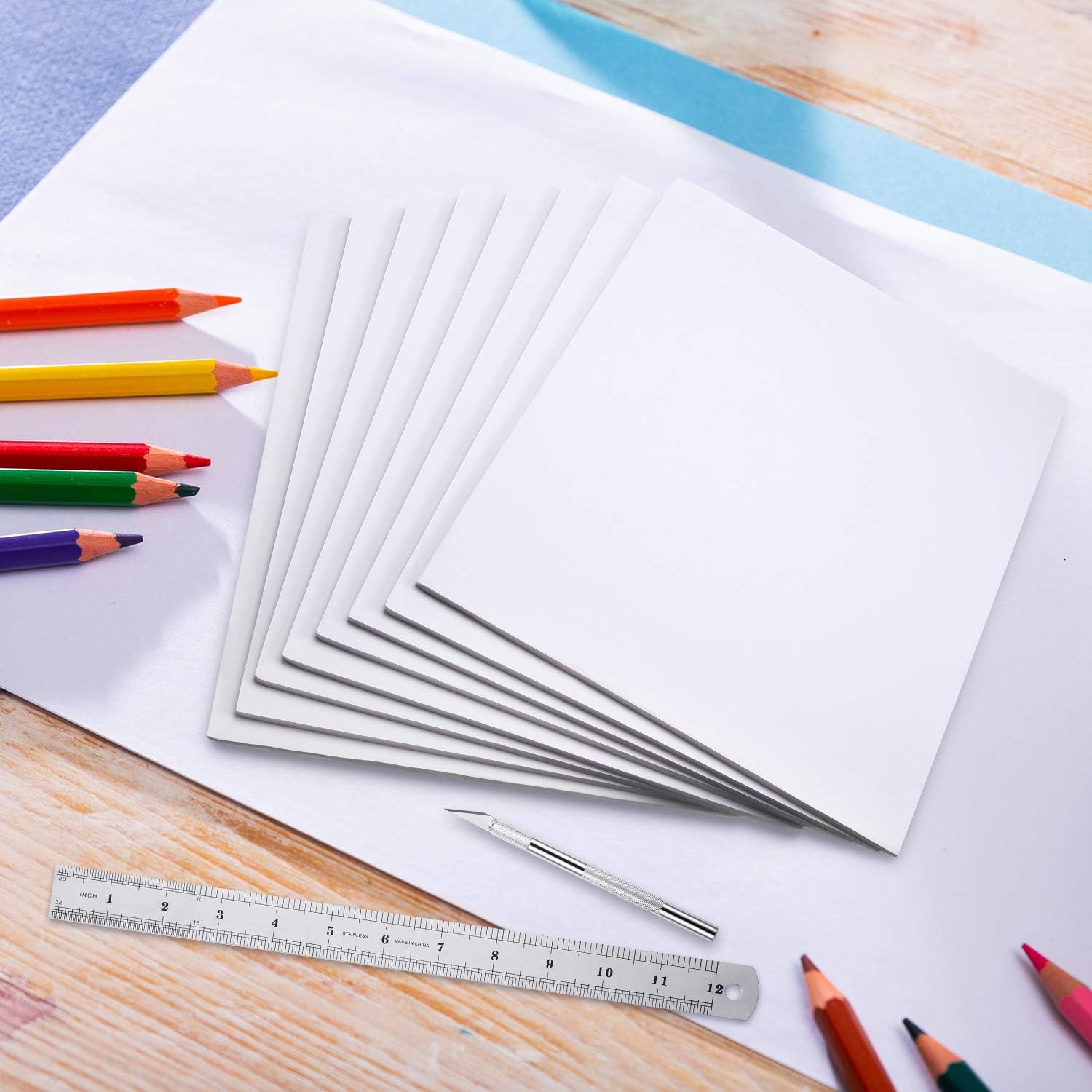 8 Pieces Foam Boards 12 x 10 Inch White Foam Core Backing Boards, Silver Craft Knife with Protective Cap and 12 Inch Stainless Steel Ruler for Art Presentations Crafts Display Favors : Office Products