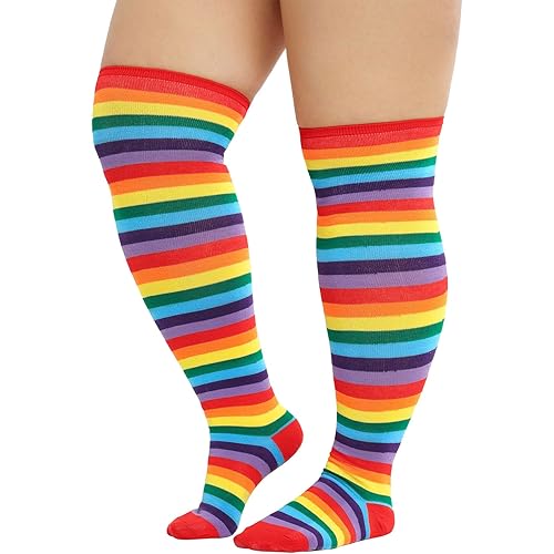 Zando Plus Size Thigh High Socks for Thick Thighs Women Striped Thigh High Stockings Over the Knee Socks Leg Warmers