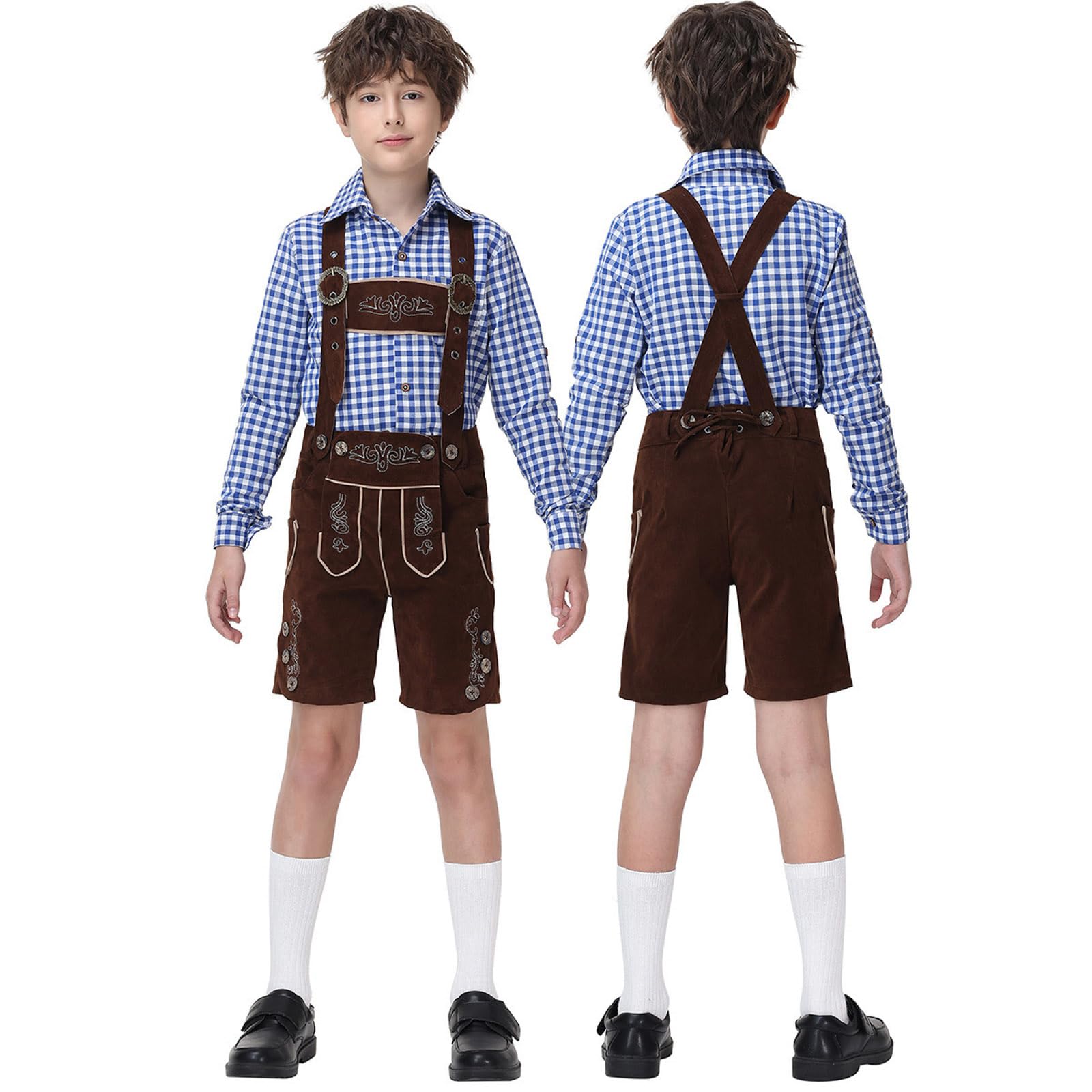 Trachten Lederhose Jungen Kurz Trachtenhose mit Träger Traditionelle Bestickt Kinderlederhose für Oktoberfest Wiesn und weitere Feierlichkeiten Bayrische Tracht Lederhosen Trachtenlederhosen