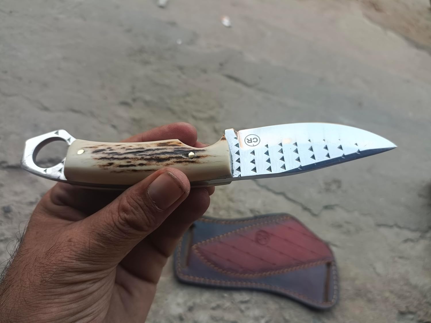 7" Handmade Fixed Blade Cowboy Skinner/Hunting knife with Leather Sheath, Farrier Rasp Steel Razor Sharp Blade and Stag Handle for Hunting, Bushcrafting, Camping and Hiking.