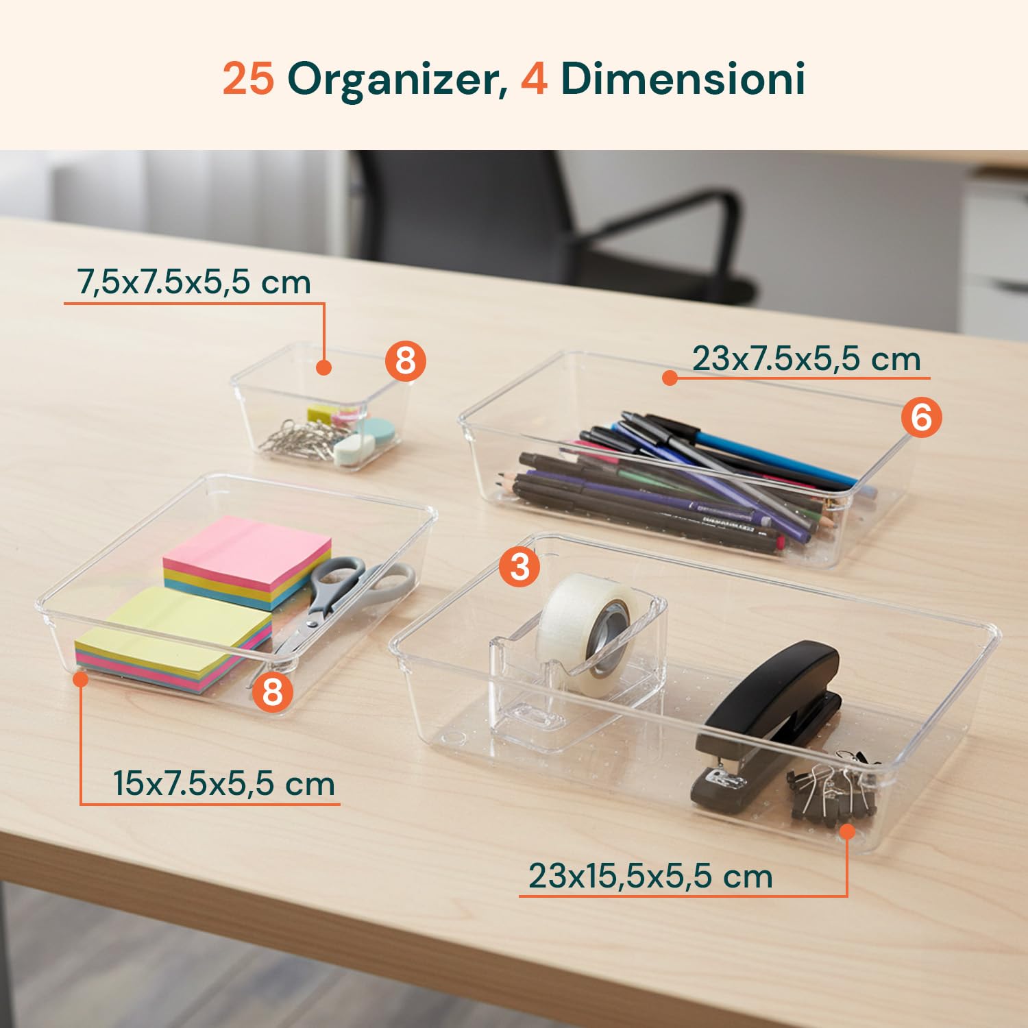 Avilia – Set 25 Organizer Trasparenti per Cassetti e Scrivanie Multiuso Impilabili in Plastica Resistente, Ideali per Cucina, Ufficio e Bagno, Facili da Pulire e Modulari per Ogni Spazio