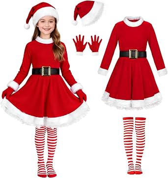 Kids Girls Santa Dress - Mrs Claus Costume Christmas Outfit with Belt Socks Hat Gloves