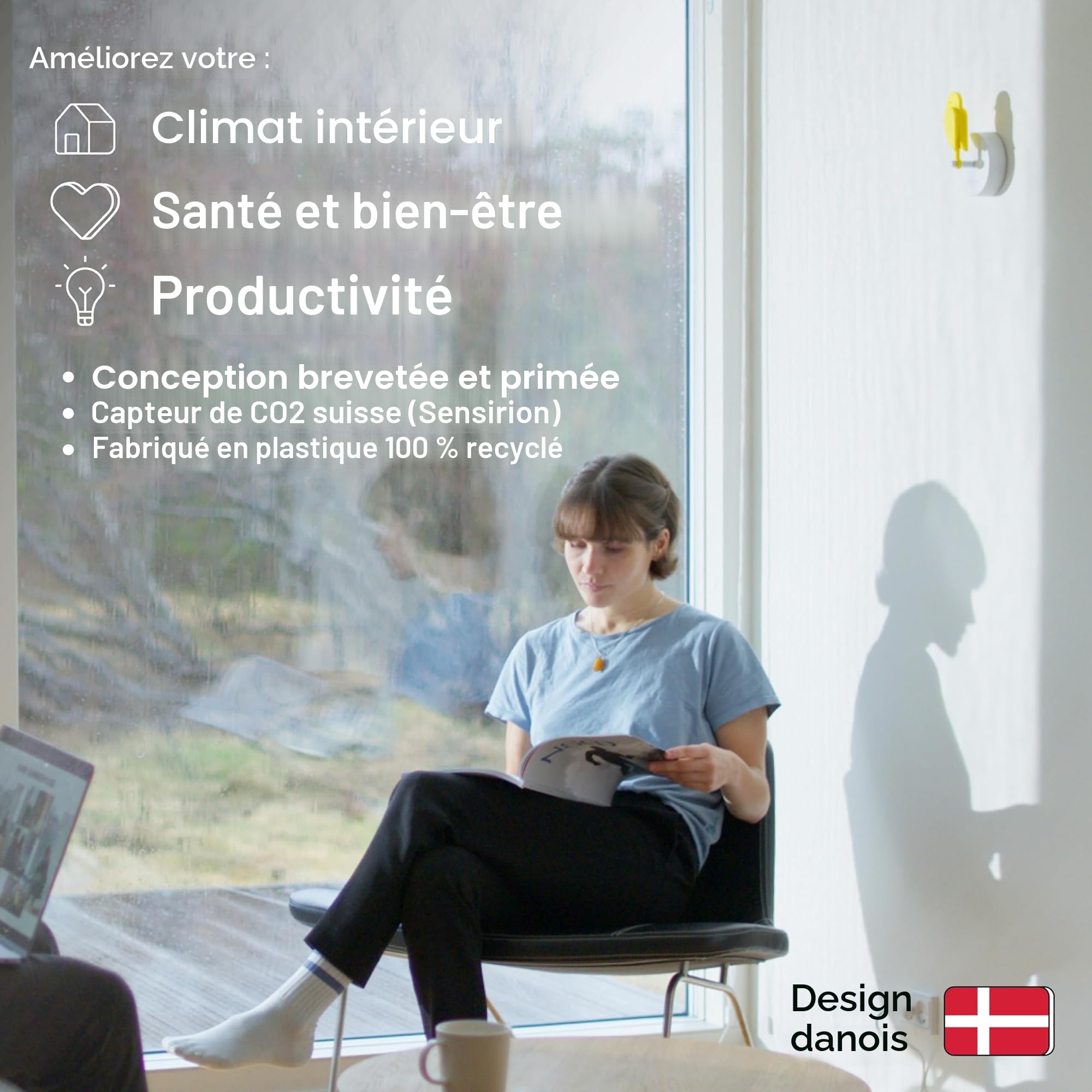 Birdie 2.0 - Design Moniteur de CO2 intérieur Appareil de Mesure de la qualité de l'air pour la Maison et Le Bureau - Réduit Les Risques pour la santé grâce à Un air Pur (Jaune, Birdie Complet)