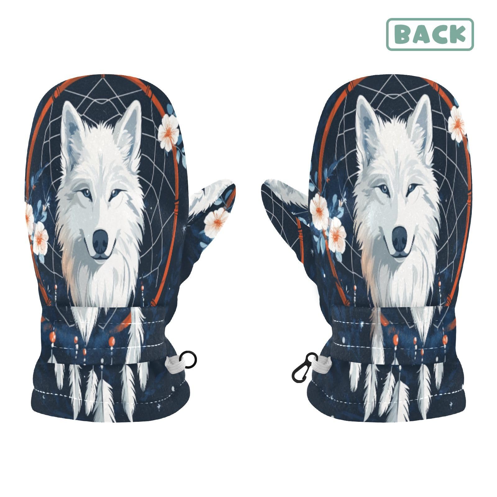 Kid's Winter Gloves Children Warm Gloves White Feather Dreamcatcher Wolf for Boys Girl Age 2-4 Years