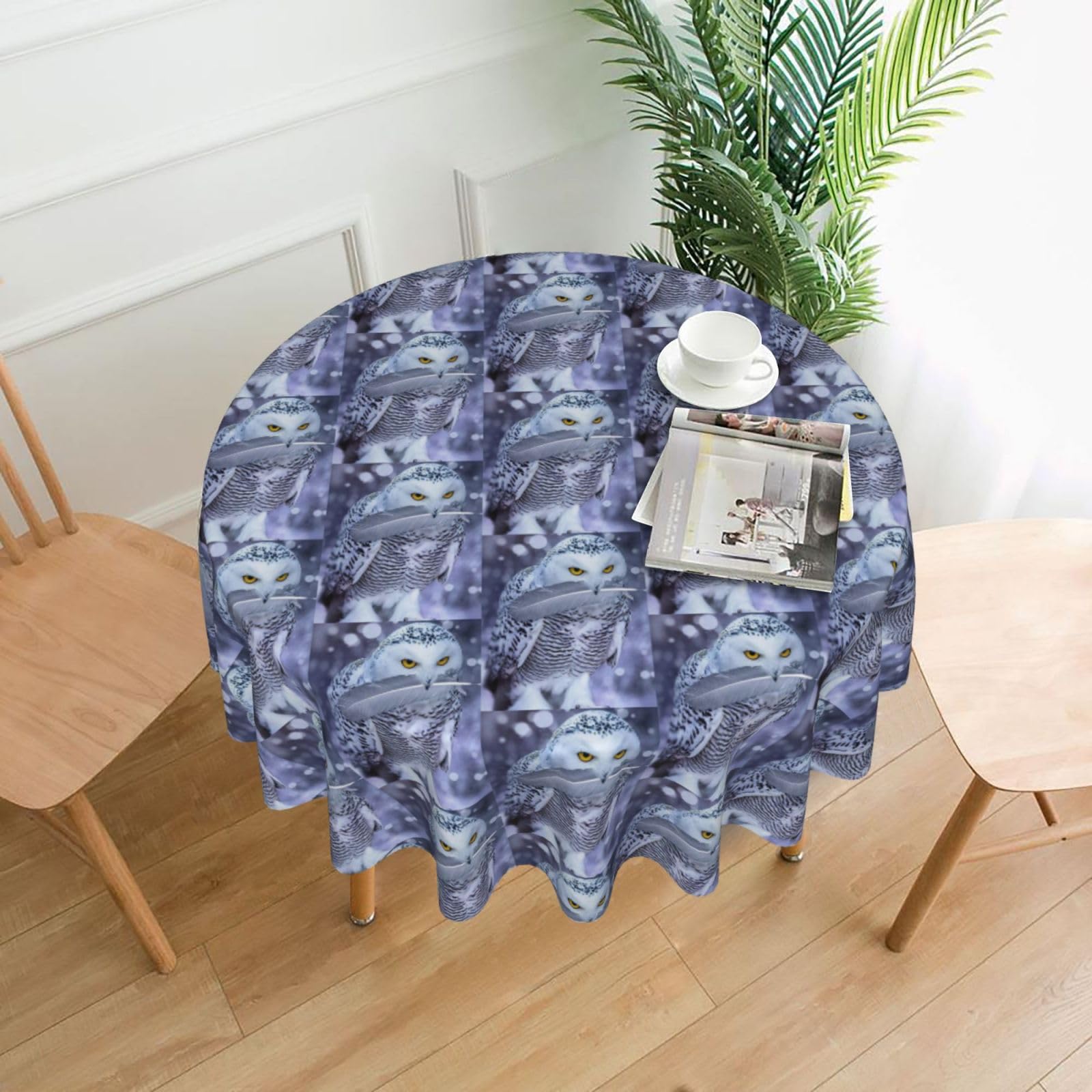 Zcmkjlg Arctic Owl Print Quick Ship Round Tablecloth 60in Polyester Washable Cover for Dining Room