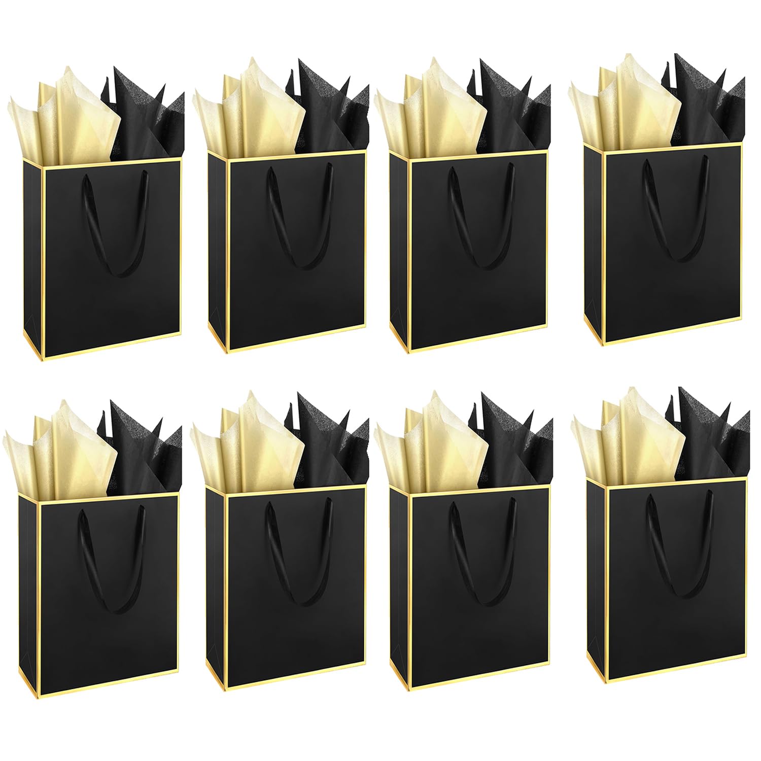 8 Packung Geschenktaschen für Geschenke, 23 x 18 x 8cm Papier Geschenktasche mit Griffen und Tissue Papier für Hochzeit Braut Dusche Bräutigam Geburtstagsfeier (Schwarz, Gold)