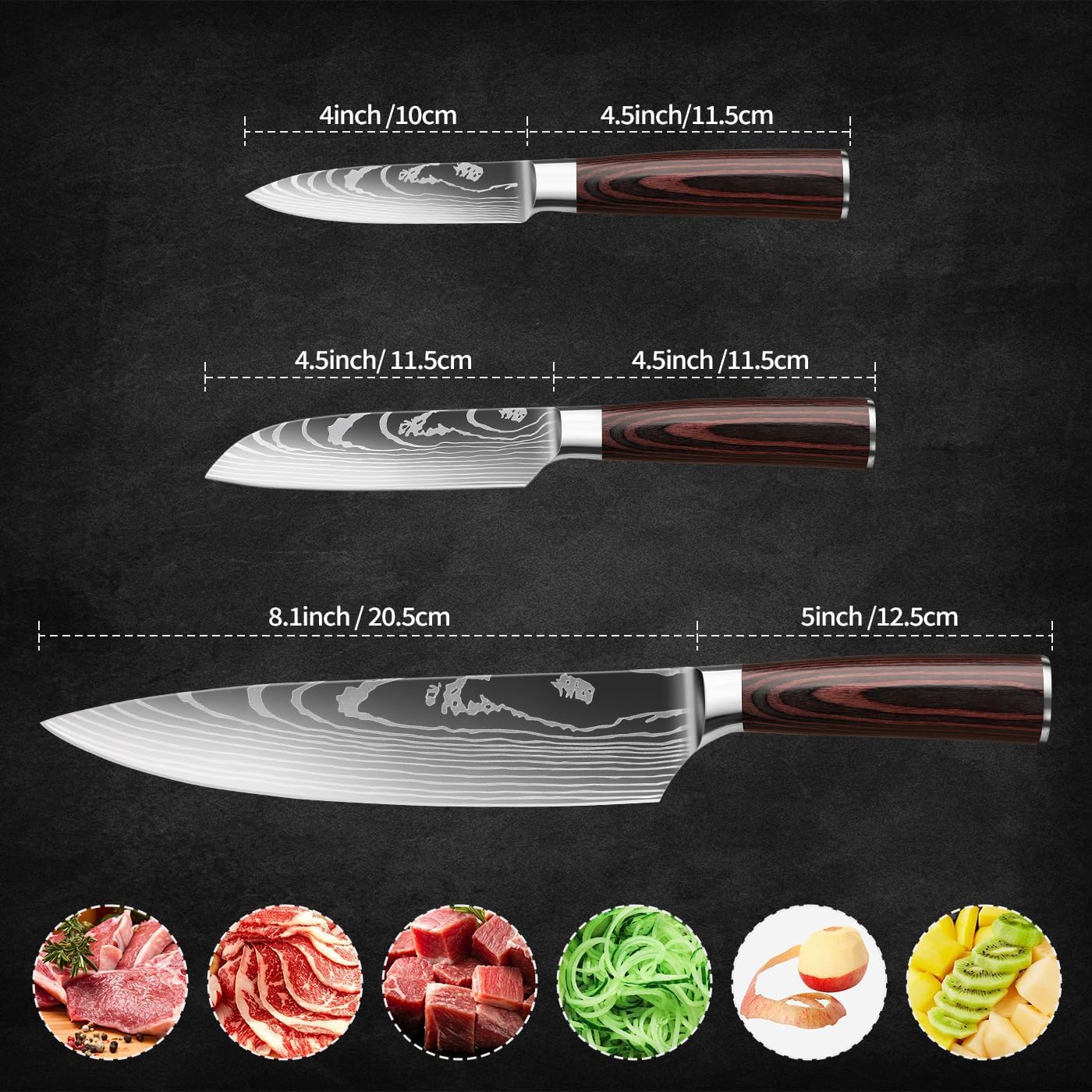 10-Piece Premium Japanese Kitchen Knife Set - Imperial Collection, Laser Damascus Pattern, 440A Stainless Steel Ultra Sharp for Fast Cutting (Redwood 3X)