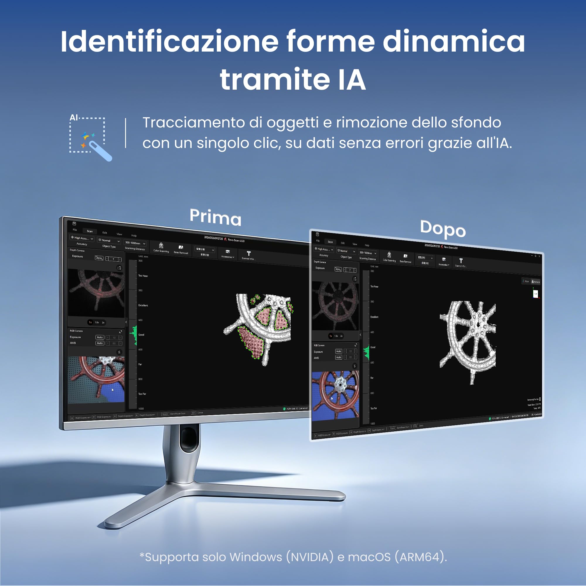 Revopoint Scanner 3D POP 4, laser blu,precisione 0,03 mm,105 fps, analisi AI e modellazione 3DGS, 5 modi di scansione, tracciamento anti-vibrazione, uso in esterna, WiFi 6, per stampa 3D, standard