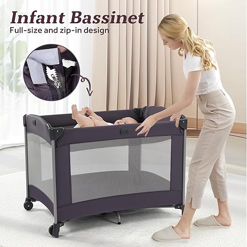 Miniatura 6 de Corralito portátil para bebé 4 en 1, corralito plegable para bebé con moisés extraíble, toldo y cambiador, Playrad infantil, cuna de viaje para