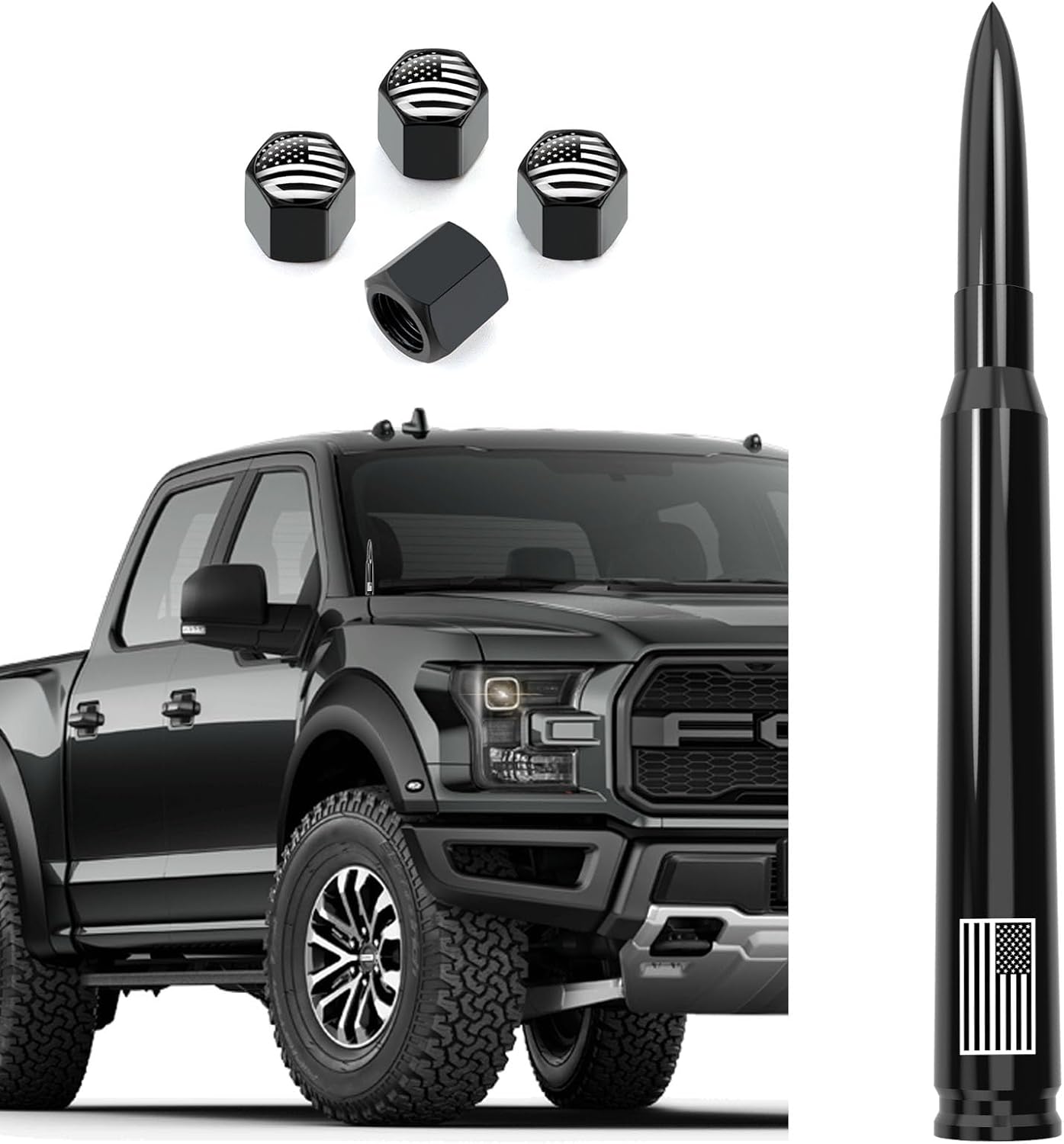 Car Truck Bullet Antenna 7″ with Tire Valve Caps American Flag Anti-Theft Design Carwash Safe for Ford F150 F250 F350 Super Duty Raptor Bronco Dodge RAM 1500 2500 3500 Accessories, Black
