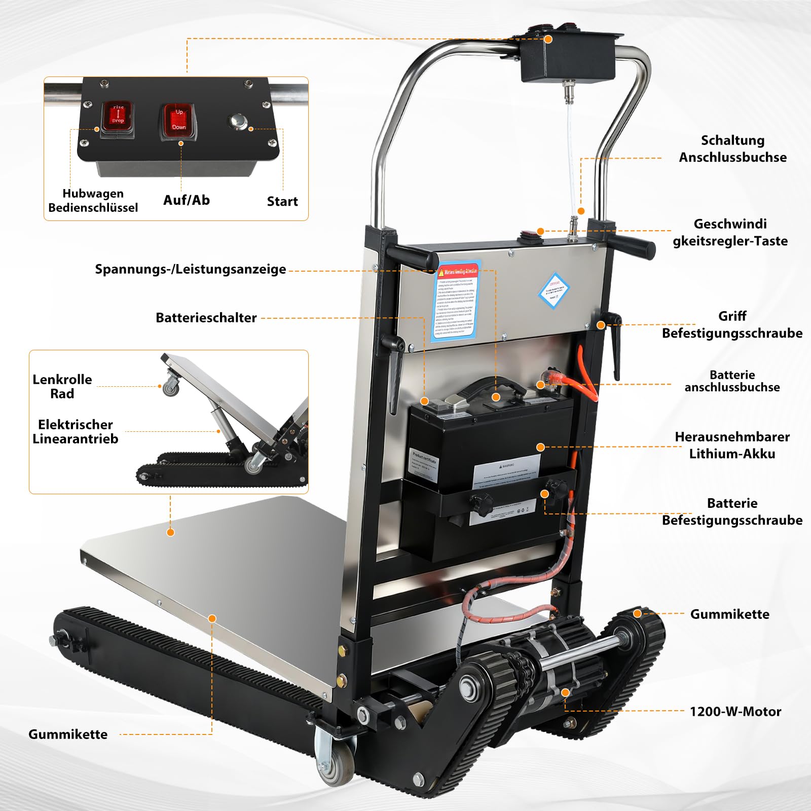 Carrello saliscale elettrico da 1200 W con catene migliorate e ripiano regolabile in altezza, batteria al litio, fino a 400 kg con corda di sicurezza, saliscale per carichi pesanti per magazzino e