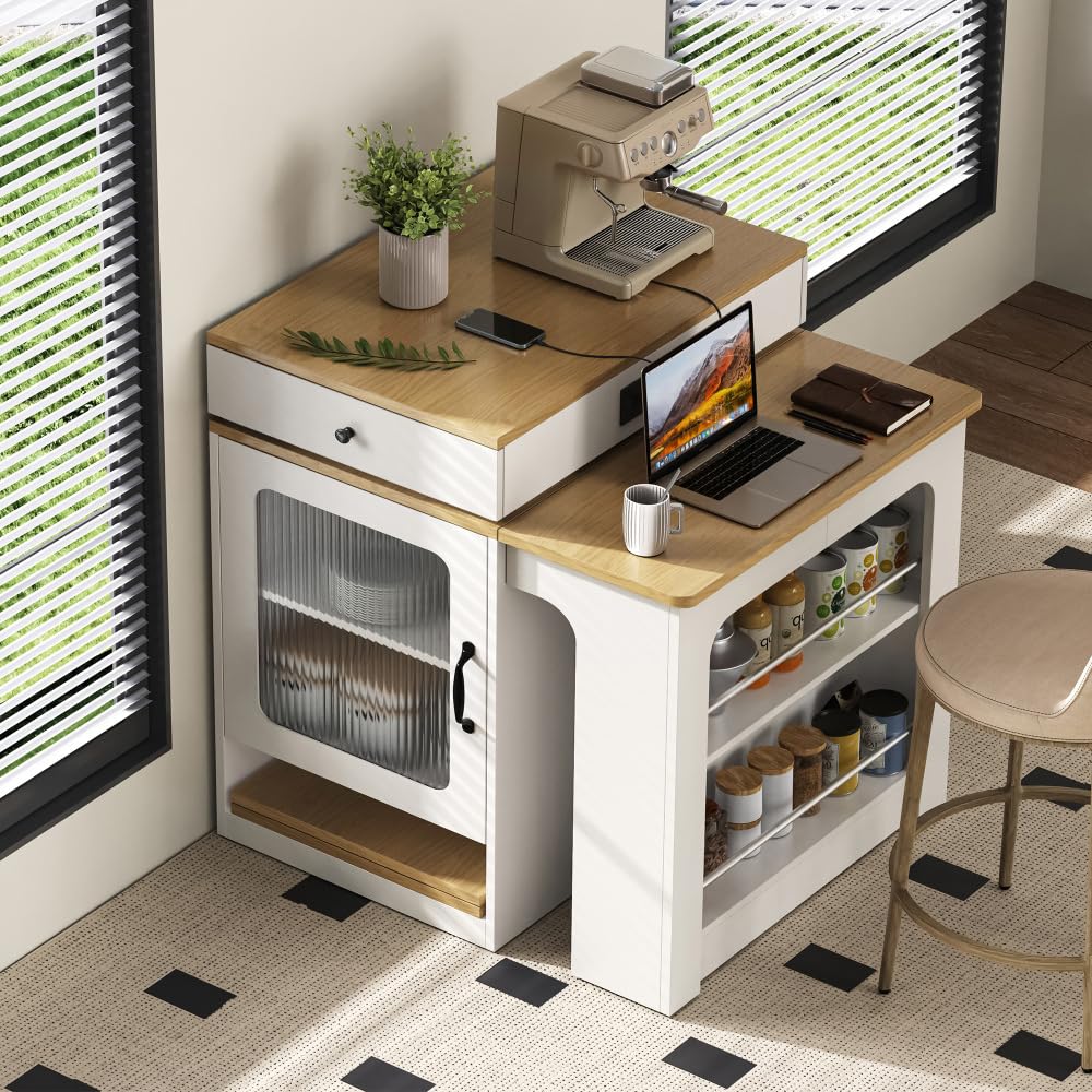 mobile Isola da cucina 71(151) x80x92 cm,tavolo da pranzo estensibile con piano rimovibile,tavolo da bar con presa multipla, isola cucina su ruote per sala da pranzo(A-Bianco+Naturale)