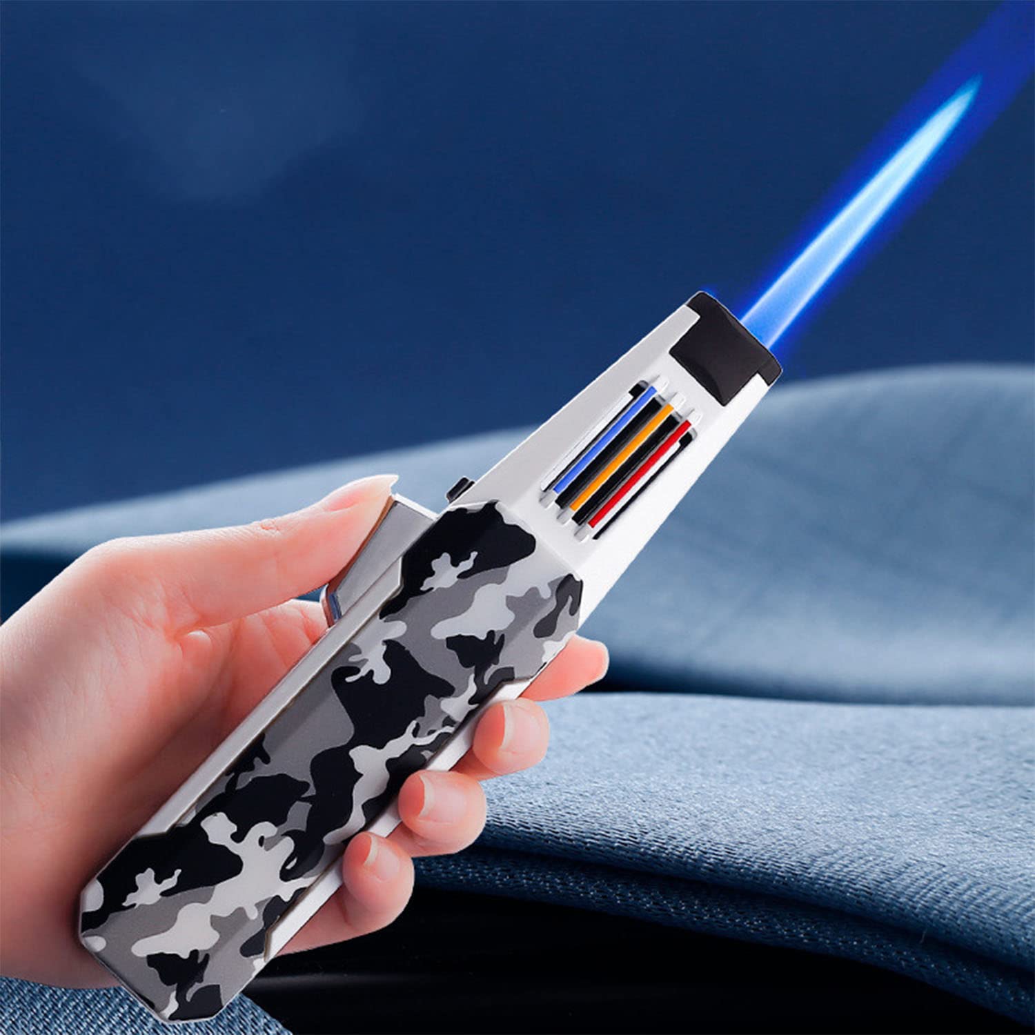 Jet Torche Stylo Briquet Coupe-Vent Réglable Rechargeable Flamme Forte avec Verrouillage Feu Briquet Butane pour Bougie Camping Barbecue Cuisine (Gaz Non Inclus),White
