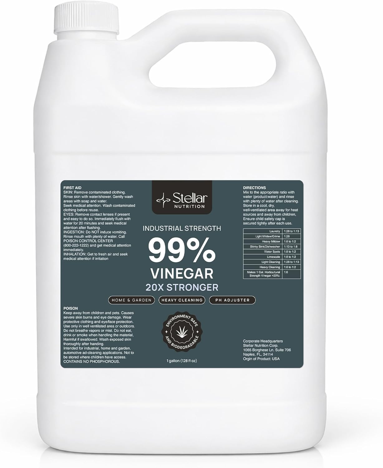 Stellar Nutrition 99% Pure Vinegar Concentrate – Industrial Cleaning Vinegar for Home and Garden | 128 Fl Oz (1 Gallon) - Amazon product rated Grade F