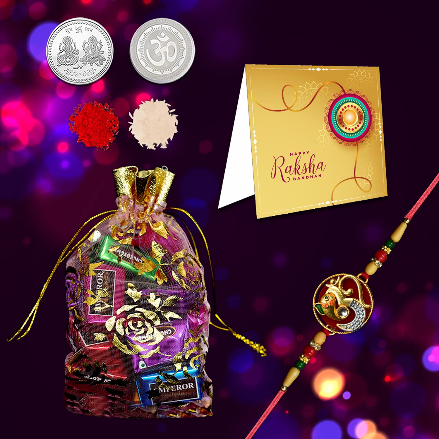 DeoDap (K1_F7_E10) Multicolor Bracelet/Rakhi & Chocolate | silver elephant rakhi with red beads | Rakhi with card & chocolate | chocolate gift pack | men bracelet | rakshabandhan gift |-image-41