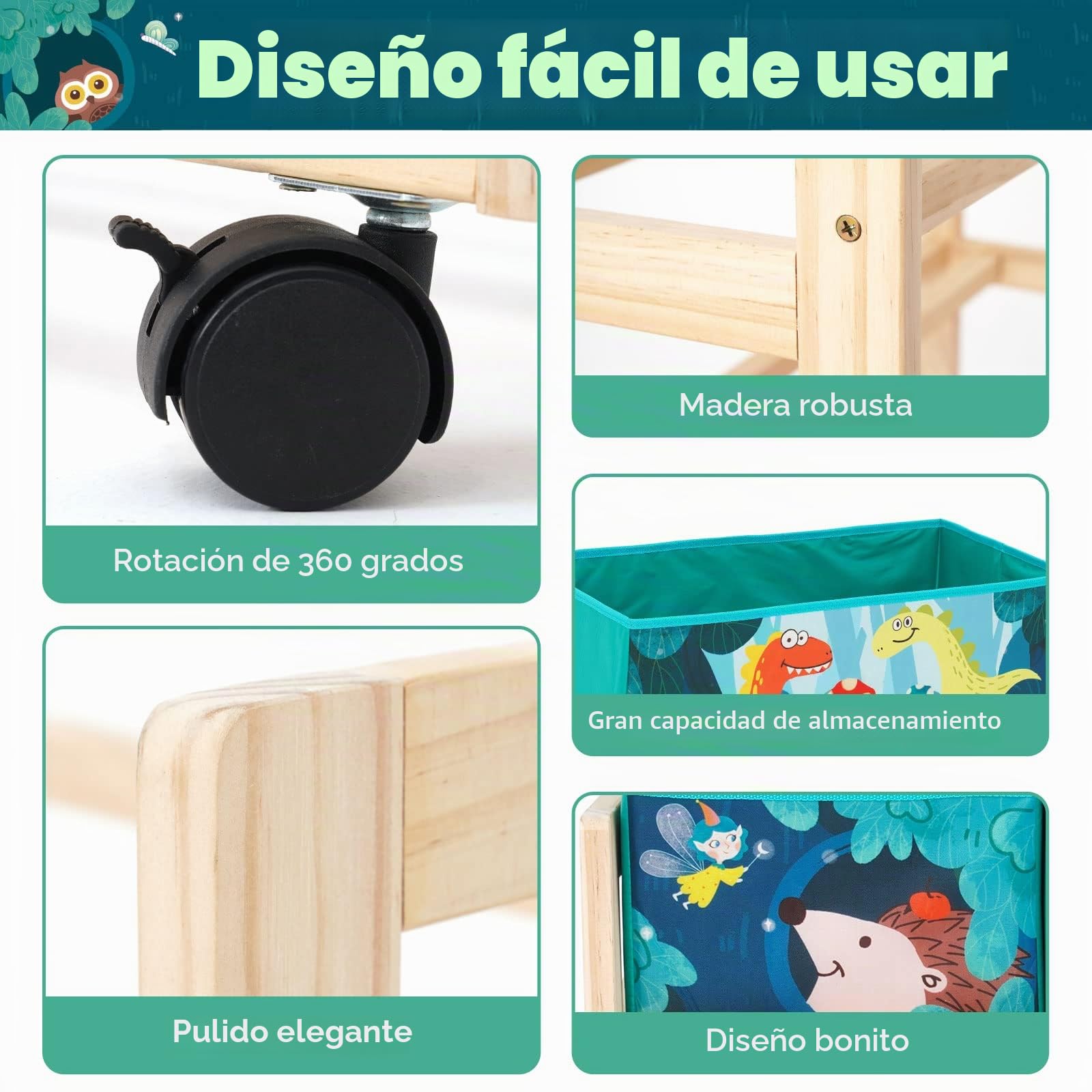 HOMCENT Organizador de juguetes con ruedas y 6 contenedores de almacenamiento de gran capacidad para guardar juguetes en la habitación de niños, tema de dinosaurios