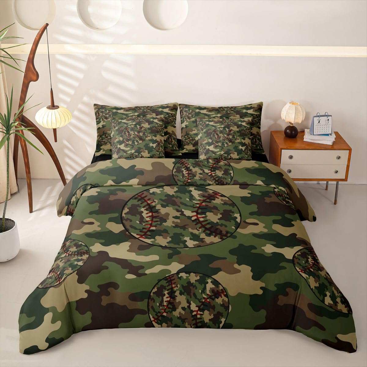 Loussiesd Juego de funda de edredón verde y marrón, tamaño King, 7 piezas, ropa de cama de béisbol para niños y niñas, con funda de edredón, sábanas, fundas de almohada, fundas de cojín