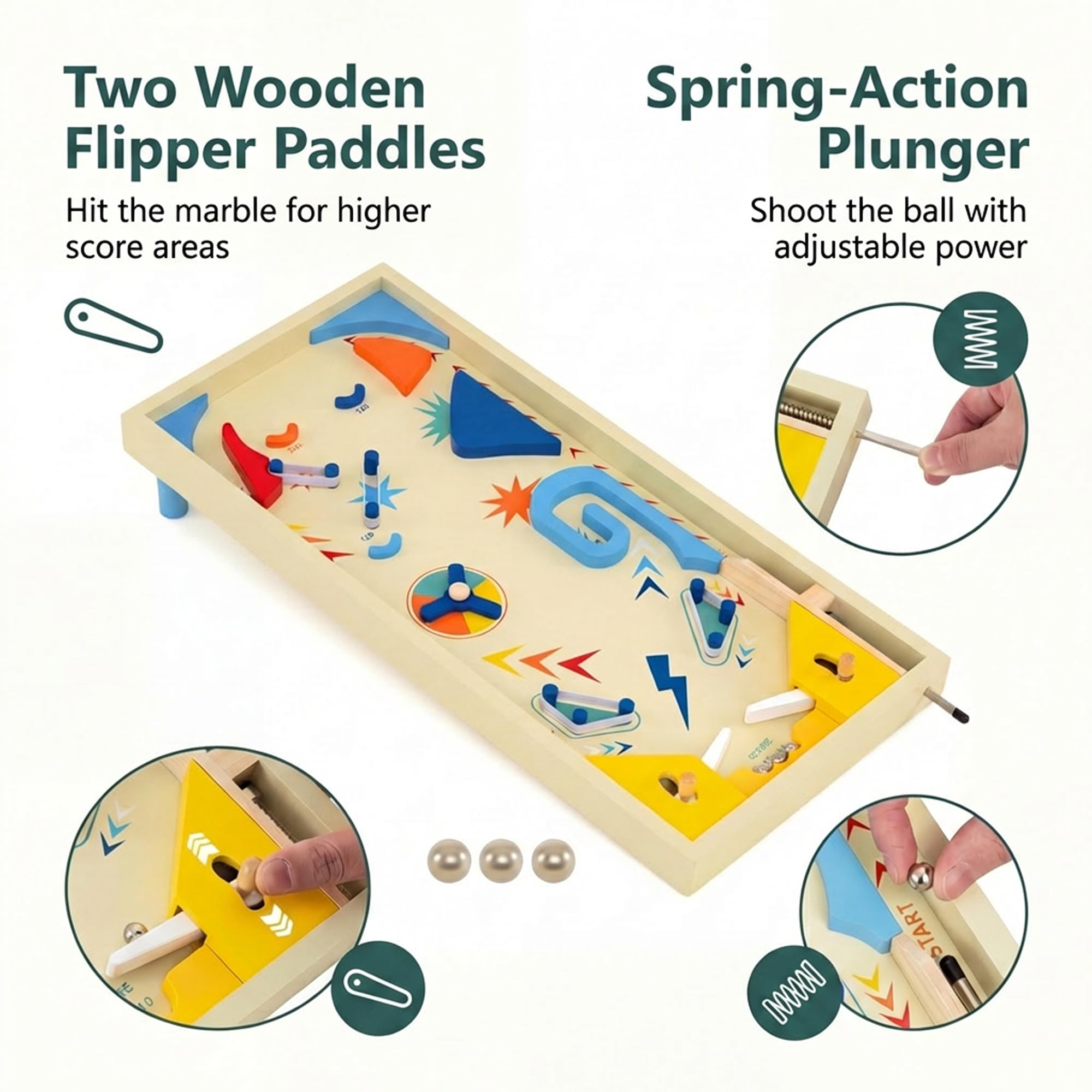 GOPLUS Flipper en Bois, Jeu de Société Enfant avec Piste Rotative & Score, Lanceur à Ressort, 2 Palettes, 3 Billes Métal, Pieds Amovibles, Développe Compétences Motrices pour Famille/Fêtes 6 Ans+