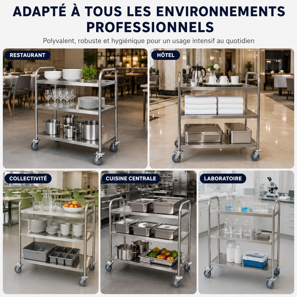 Chariot de Service INOX Professionnel 3 Niveaux – 84,5 x 52,5 x 94 cm – Charge 150 kg – 4 Roues Pivotantes 2 avec Freins – Desserte INOX Cuisine Professionnelle, Restaurant, Collectivité