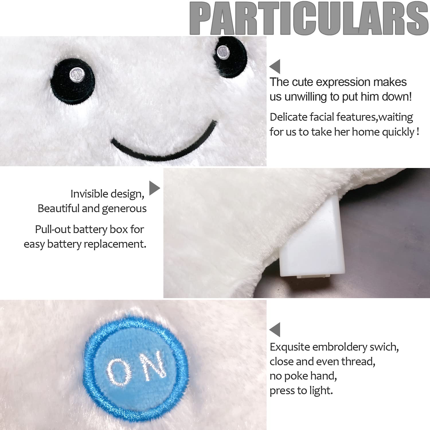 Coussin Peluche Étoile Lumineuse LED Kyduu - Oreiller Décoratif 3D Doux Pour Enfants Et Bébé, Blanc