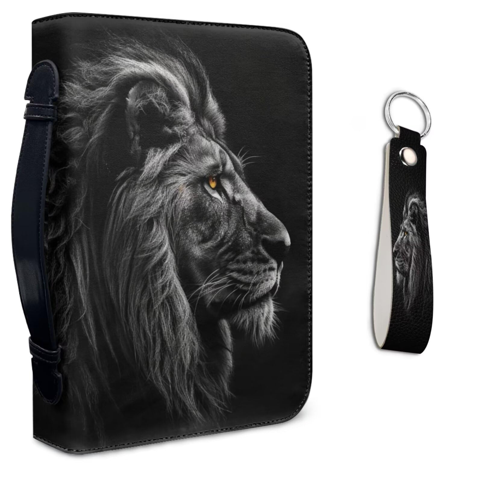 Lotusorchid Lion Print Leather Bible Cover for Men, Bible Carrying Case with Leather Keychain, Bible Protective Case Bible Tote Bag for Church Daiy