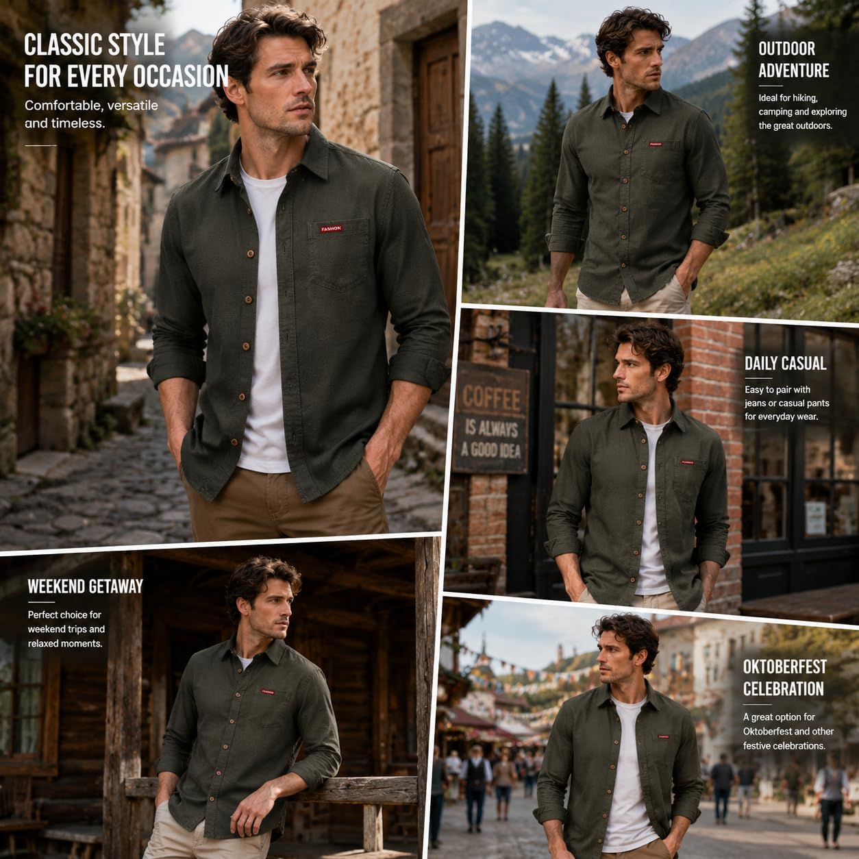 Camicia Da Uomo In Cotone, Giacca Effetto Lino, Vestibilità Slim, Casual, Con Bottoni, Maniche Lunghe, Ideale Per Il Lavoro E Per Le Attività All'Aperto, Perfetta Per L'Oktoberfest E L'Uso Quotidi